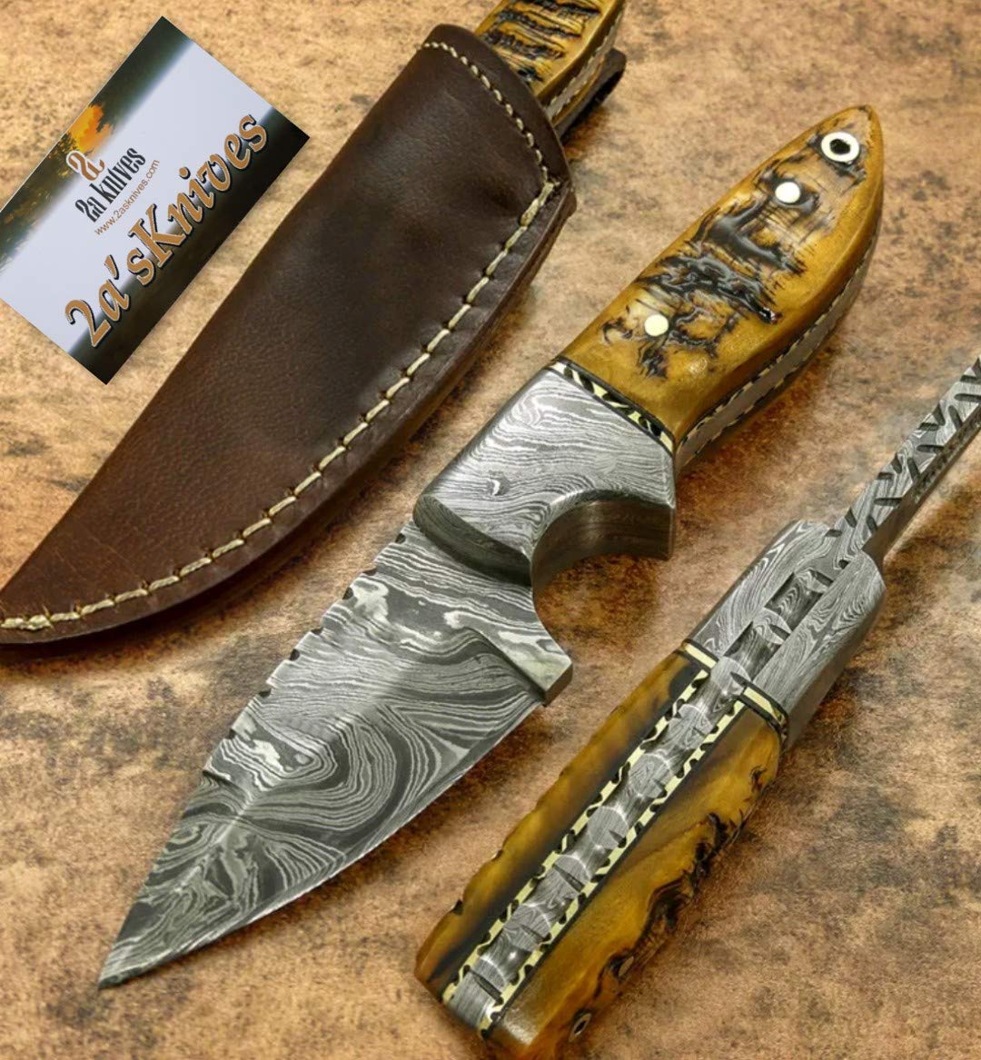 Handmade Damascus Steel Skinner Knife - Custom Hunting Knife with Leather Sheath | Outdoor Survival, Camping & Bushcraft Essential | Perfect for Skinning Game, Wood Carving & Wilderness Adventures