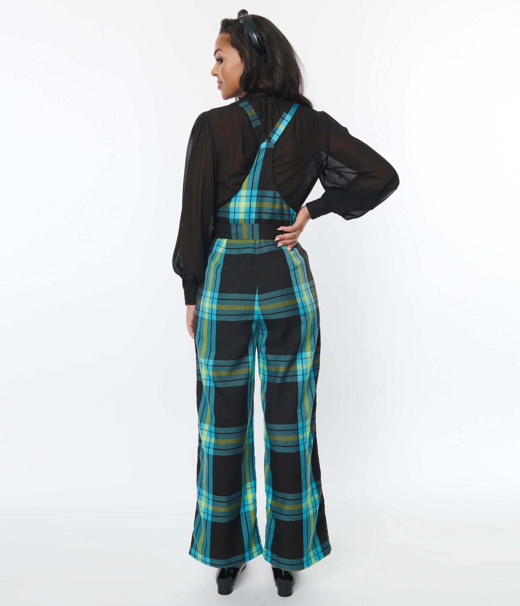 Collectif Teal Plaid Celandine Jumpsuit for Women - Vintage-Inspired Romper with Pockets | Perfect for Casual Outings, Date Nights & Retro Fashion Looks