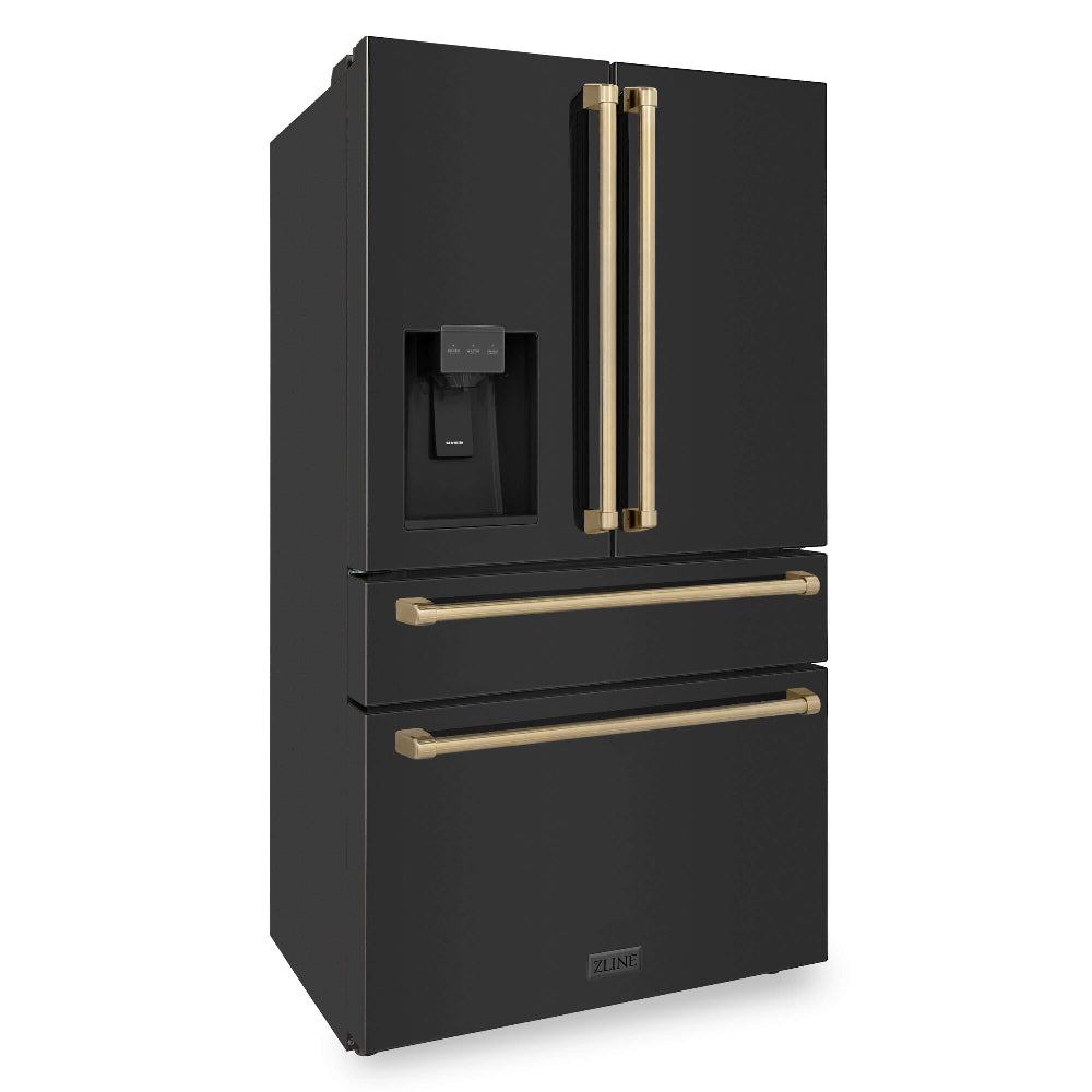 ZLINE Autograph Edition 36-Inch Counter Depth French Door Refrigerator - 21.6 cu.ft Capacity, Fingerprint Resistant Black Stainless Steel with Champagne Bronze Handles, Built-in Water & Ice Dispenser (RFMZ W 36 BS CB) - Perfect for Modern Kitchens, Open-Concept Homes & Entertaining Guests