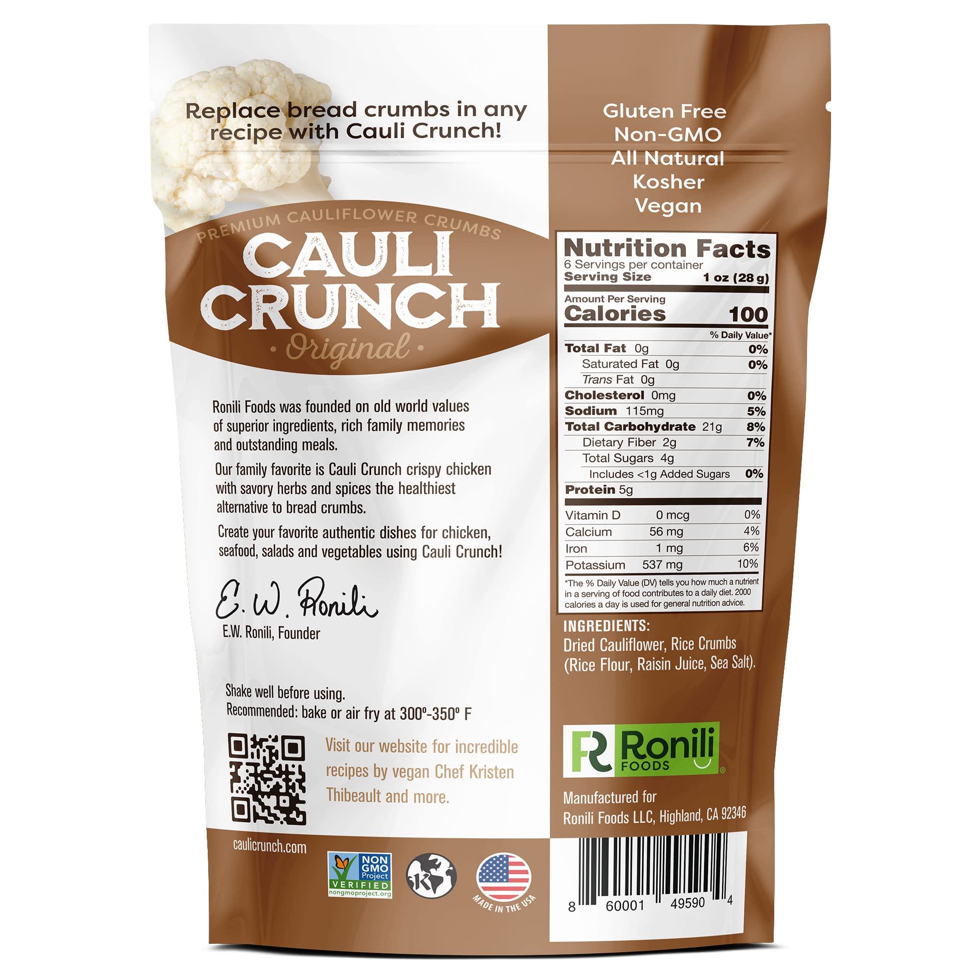 Cauli Crunch Original Gluten Free Cauliflower Bread Crumbs - Vegan, Kosher, Non-GMO Certified | All Natural Bread-Free Alternative for Cooking & Baking | Perfect for Chicken Tenders, Meatballs & Casseroles (2-Pack)