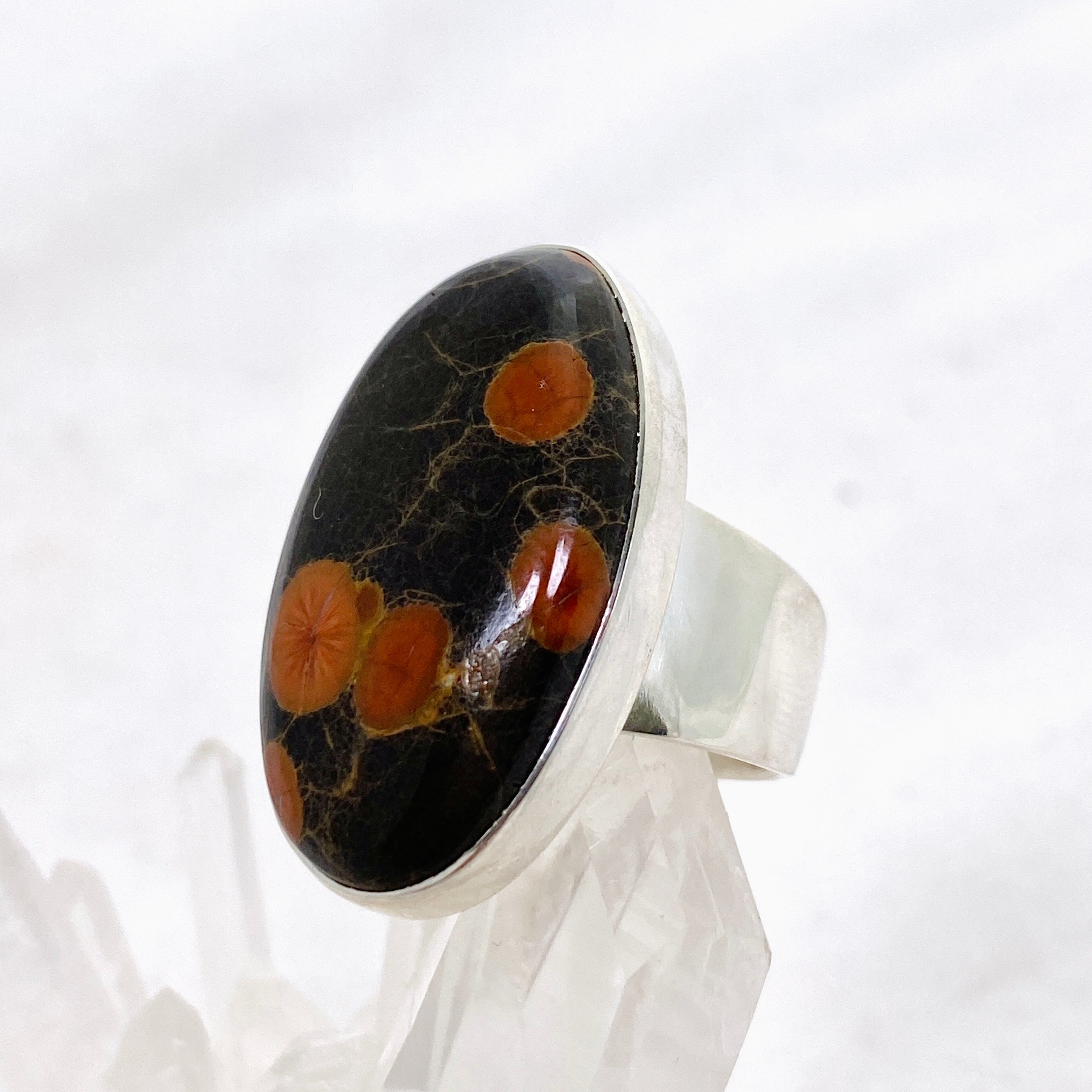 Natural Peanut Obsidian Perlite Oval Cabochon Ring - Size 8 - KRGJ3347 - Perfect for Boho Jewelry, Healing Crystals & Spiritual Gifts