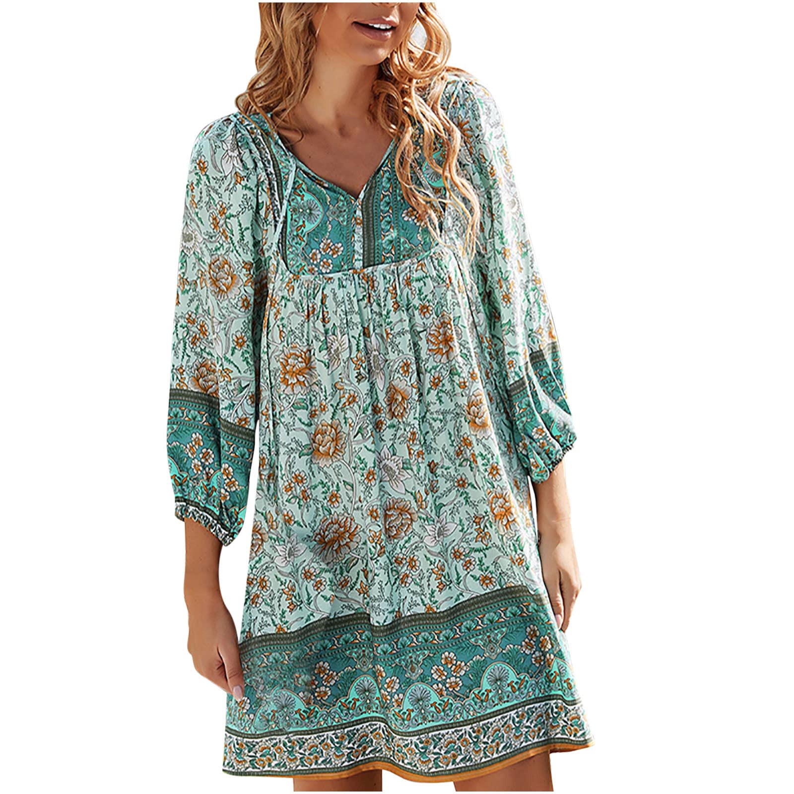 Women's Bohemian Sundress 2022 - V-Neck Loose 3/4 Sleeve Floral Print Mini Dress for Summer, Beach, Party & Bridesmaid Occasions