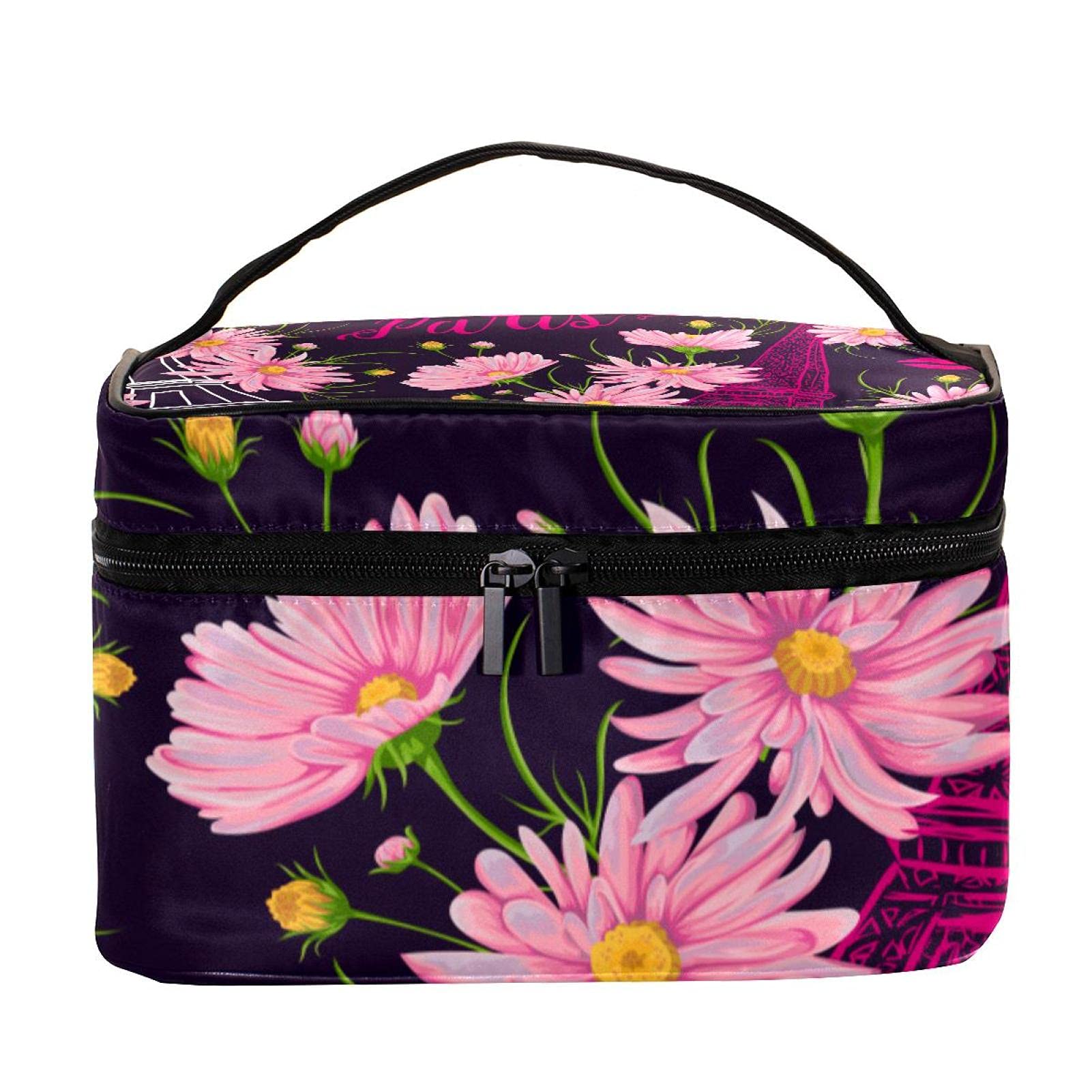 Vintage Purple Paris Eiffel Tower Pink Daisy Travel Makeup Bag - Large Cosmetic Organizer with Zipper for Women & Girls | Perfect for Travel, Gym, and Daily Essentials Storage