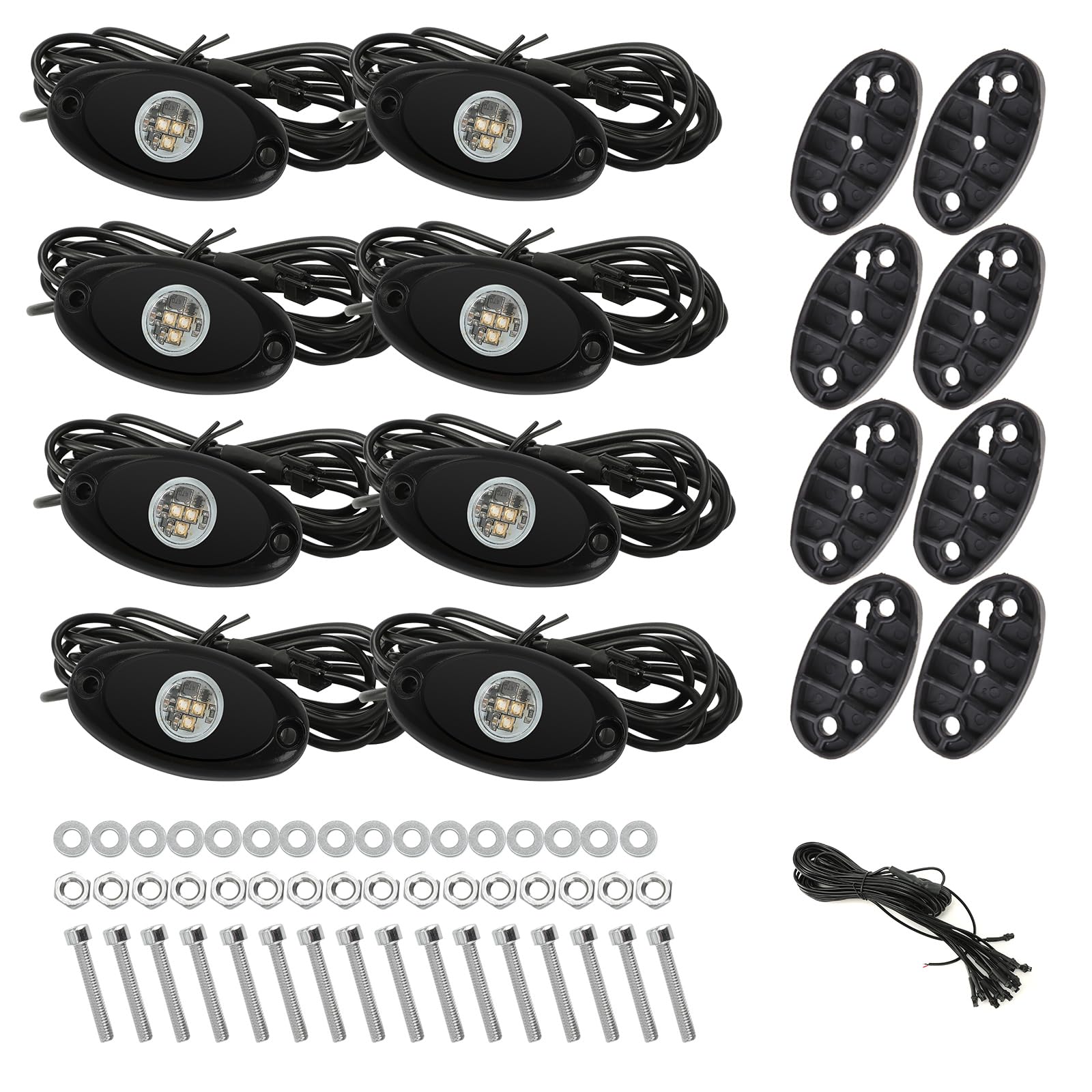 SUNPIE 8 Pods Quick Connect Amber Rock Lights - 4M Extension Wires, 3 High Power LED Chips, Rubber Mounting Pads, IP67 Waterproof for Trucks, Trailers, Cars, SUVs, ATVs, UTVs & Boats | Off-Road, Underbody & Marine Lighting