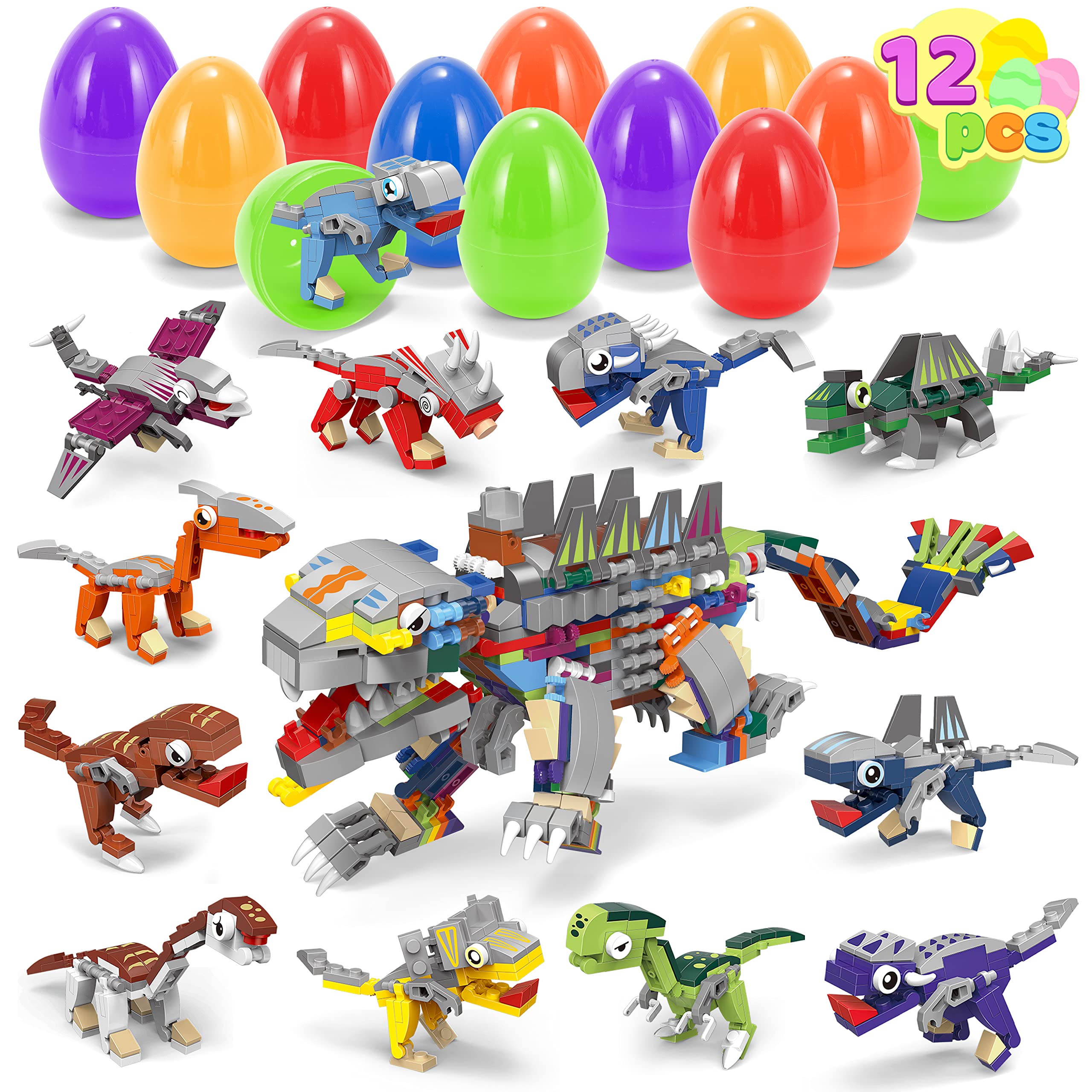 JOYIN 12 Pack Prefilled Easter Eggs with Dinosaur Building Blocks Toys (12-in-1) - Easter Egg Hunt Supplies, Basket Stuffers, Party Favors & Classroom Gifts for Kids - Perfect for Easter Celebrations, Birthday Parties & School Activities