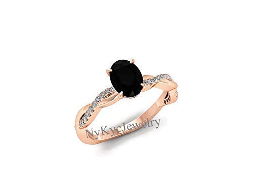 Natural Black Onyx Rose Gold Engagement Ring for Women - Sterling Silver Half Eternity Band with CZ Diamonds - Solitaire Halo Oval Black Stone Ring - Anniversary & Wedding Gift - Perfect for Proposals, Bridal Jewelry & Special Occasions