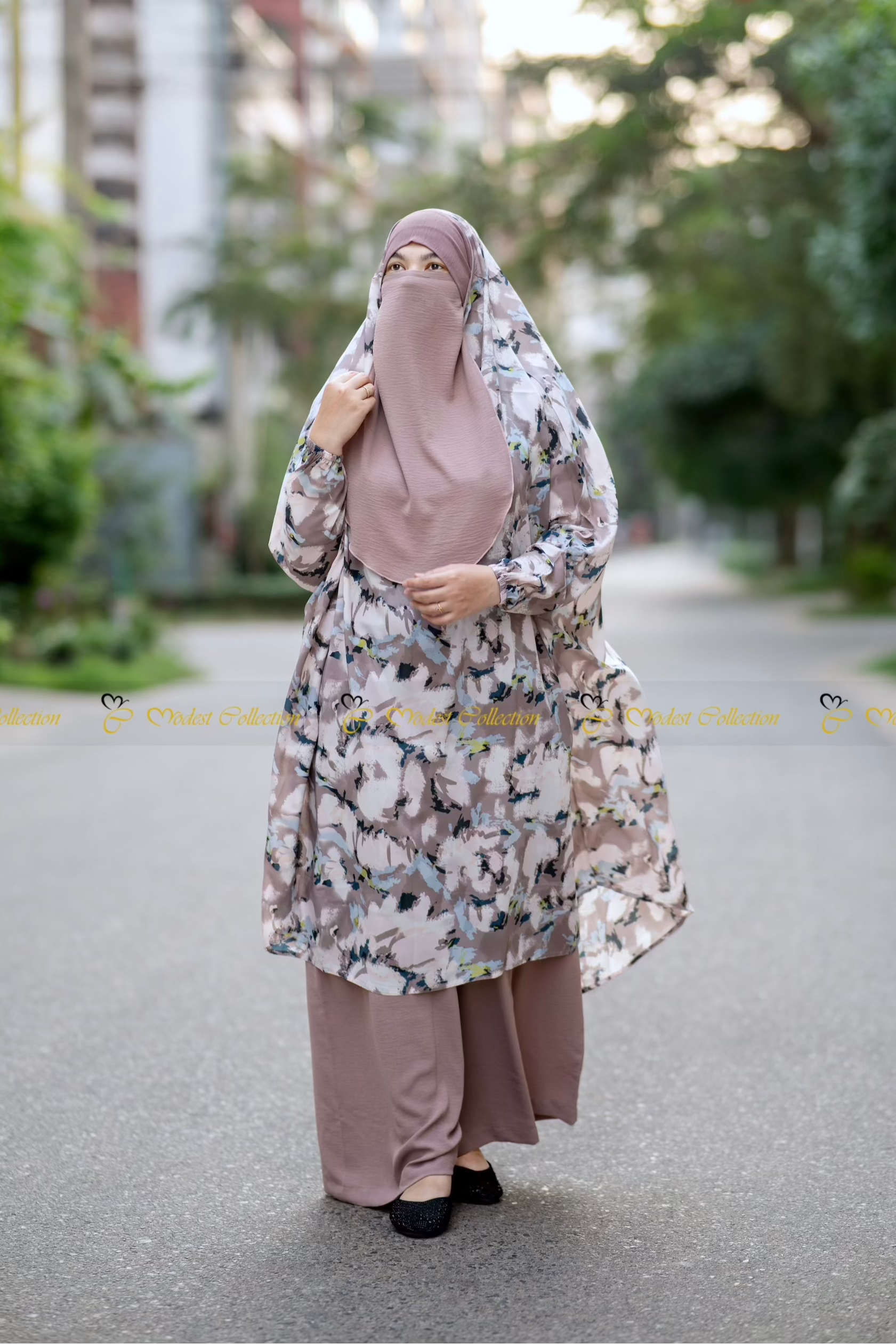 French Cut Unjila Jilbab - Printed Burgundy No Niqab Islamic Dress for Women | Modest Prayer Abaya & Everyday Wear