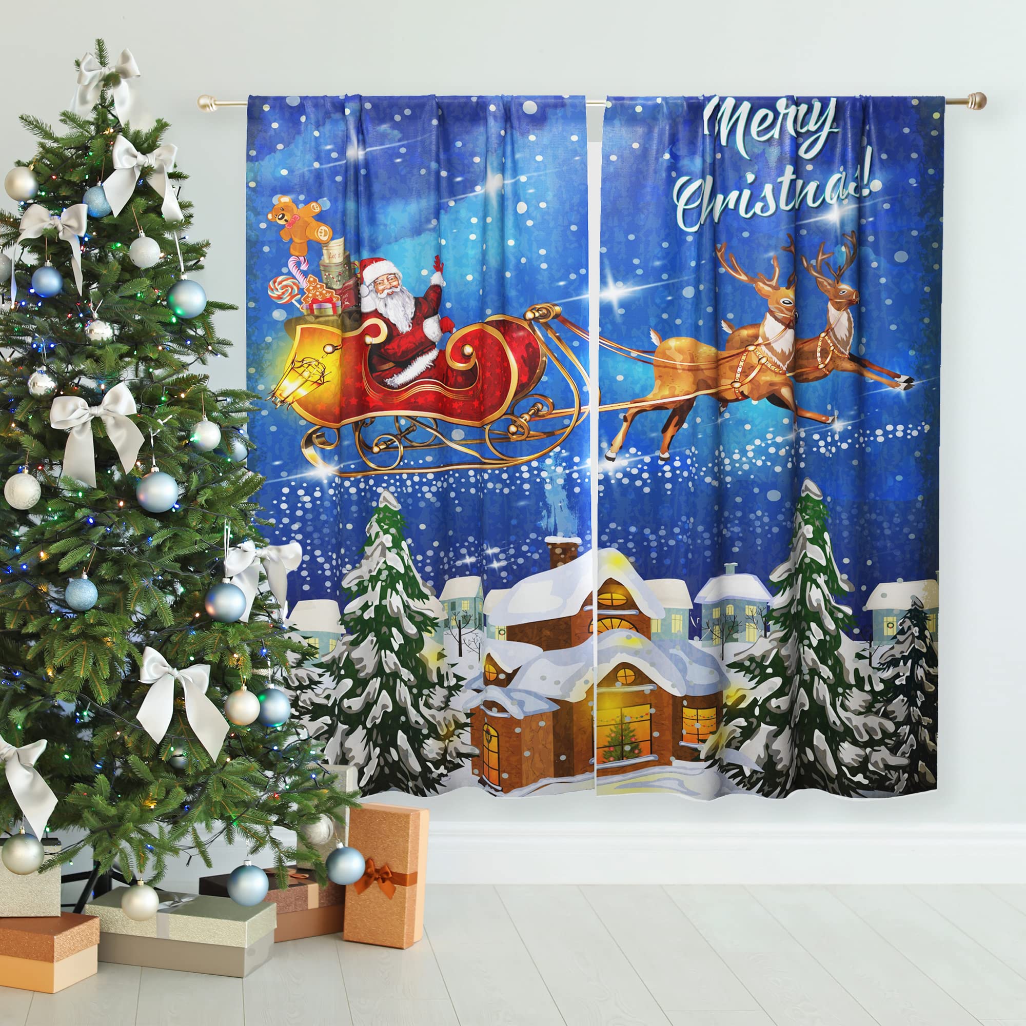 Royal Blue Christmas Curtains with Santa Claus Print - 84 Inch Length 2 Panel Set for Living Room, Bedroom, Kitchen & Kids Room - Winter Holiday Drapes for Cozy Home Decor & Festive Atmosphere