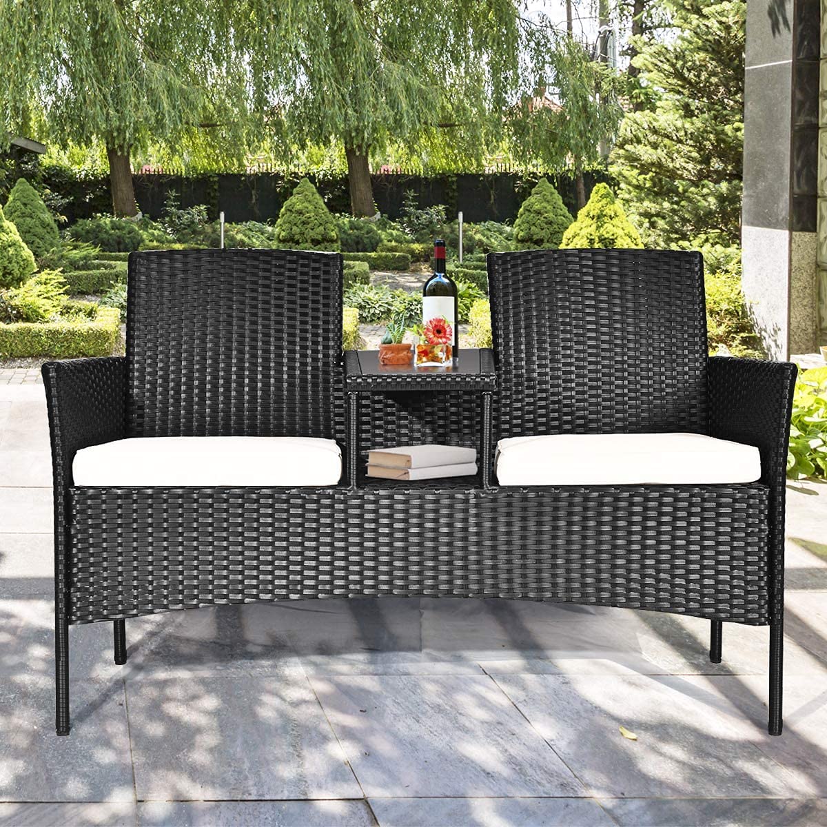 **Outdoor Loveseat Set with Table - 2-Seater Wicker Patio Furniture with Cushions & Tempered Glass Tabletop - Modern Rattan Sofa for Garden, Lawn, Backyard (White) - Perfect for Relaxing, Entertaining, and Outdoor Dining**