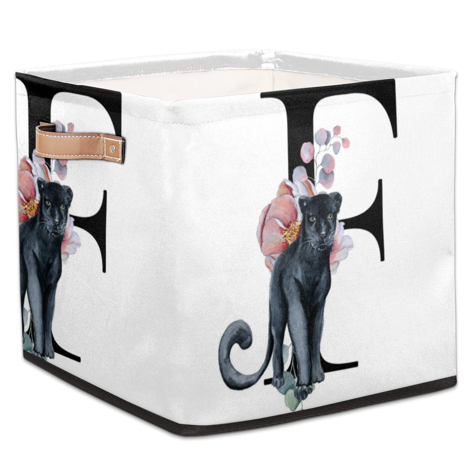 Floral Monogram Letter F Fabric Storage Cubes - 13x13x13 Inch Large Collapsible Organizer Bins with Leather Handles | Perfect for Closet, Shelf, Nursery, and Home Organization