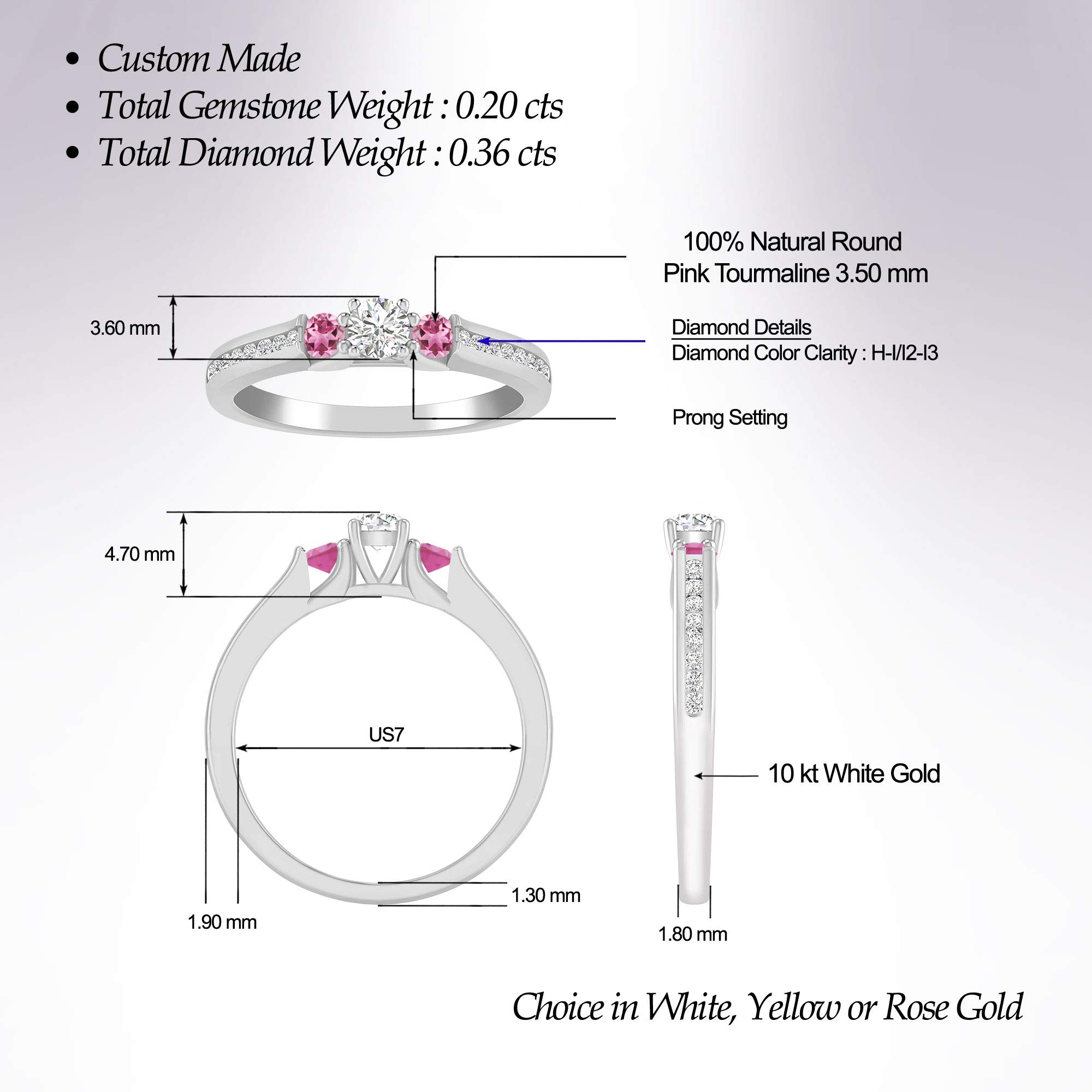 Inspereza 10K Gold 1/2 Carat Round Diamond & Pink Tourmaline Three Stone Engagement Ring | Size 5-8, H-I Color, I2-I3 Clarity | Perfect for Wedding Proposals, Anniversaries & Romantic Gifts