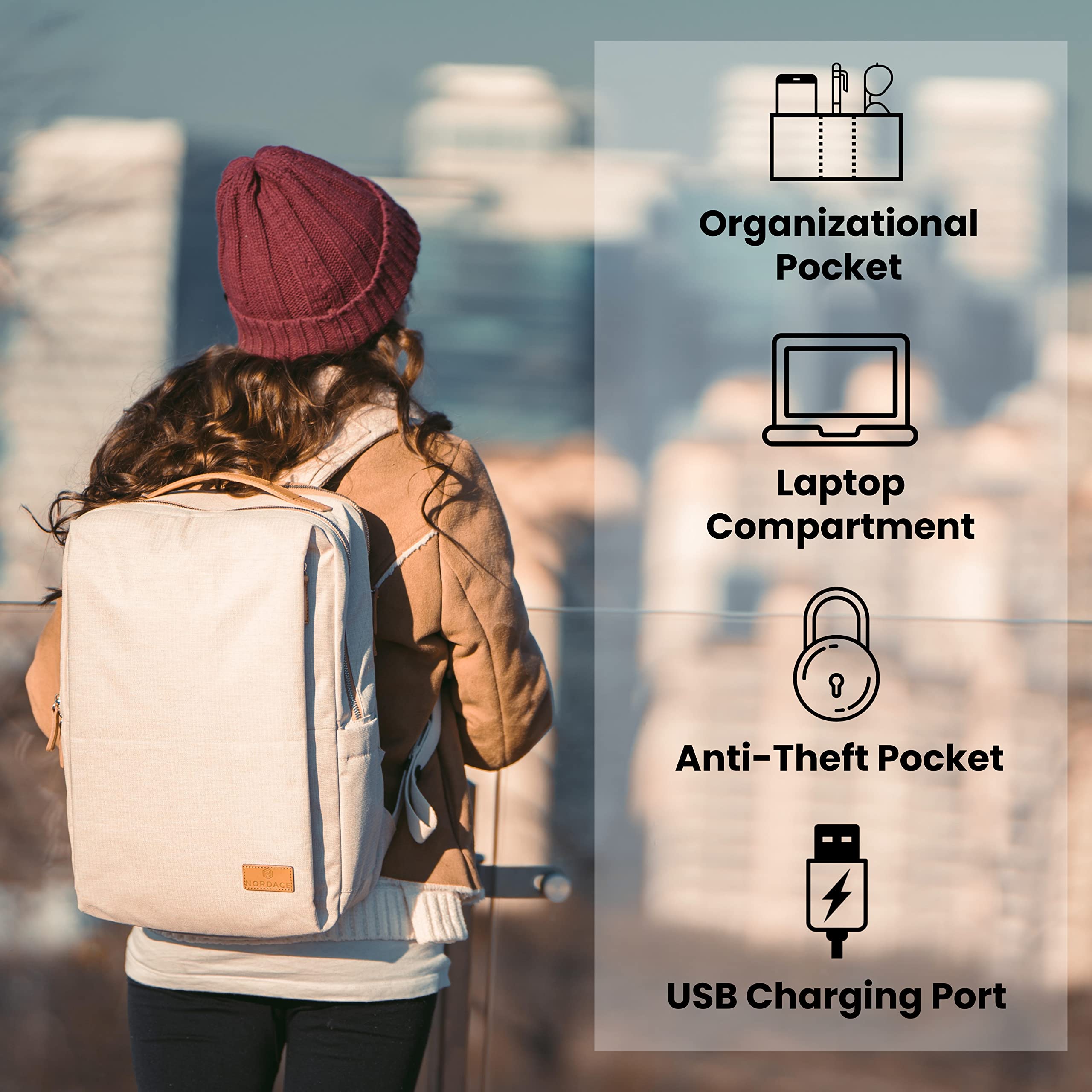 Nordace Siena Smart Backpack with USB Charging Port - 15.6 Inch Laptop Backpack for Men & Women, 19L Lightweight Travel Backpack for Work, School, Commuting & Everyday Use (Beige) | Durable & Water-Resistant