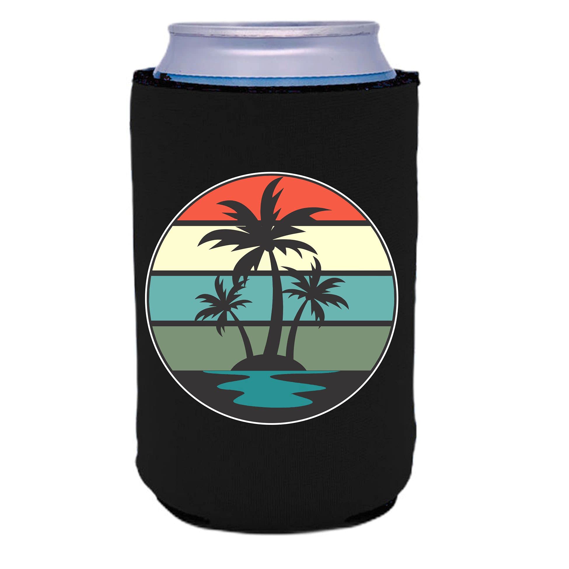 Retro Collapsible Can Coolie with Palm Tree Design - 12 oz Insulated Sleeve for Beer, Soda & Beverages - Perfect for Beach, Pool Parties & BBQs (Black, 1-Pack)