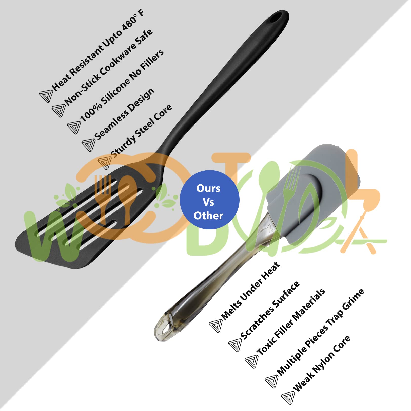 WOODTULA Flexible Silicone Spatula Set - Non-Stick Slotted Turner for Fish, Eggs, Pancakes - Heat Resistant Kitchen Utensil (Black) - Perfect for Flipping, Cooking & Serving in Restaurants or Home Kitchens