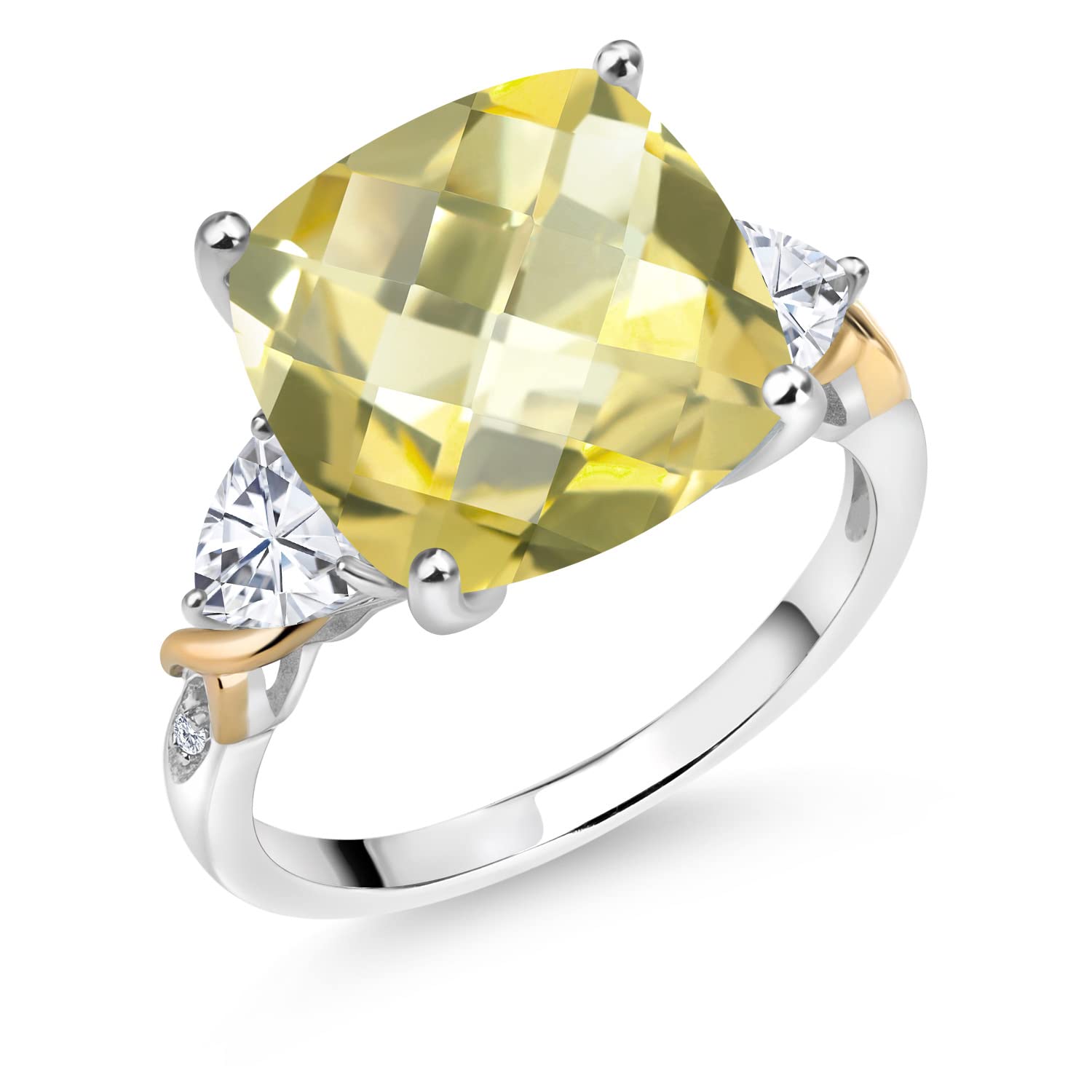 925 Sterling Silver & 10K Yellow Gold Lemon Quartz & Moissanite Diamond Ring for Women - 7.65 CTTW (12mm Cushion & 5mm Trillion) | Size 5-9 | Elegant Wedding, Engagement & Anniversary Jewelry Gift