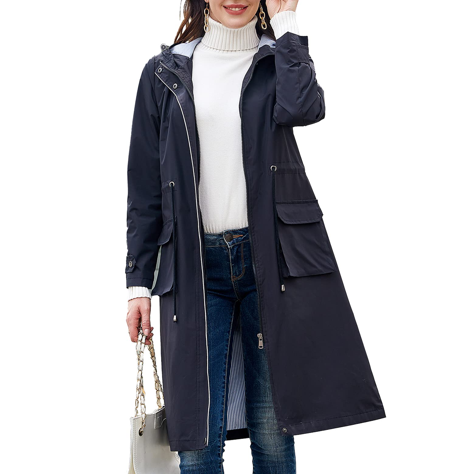 Waterproof Lightweight Women's Rain Jacket with Hood - Long Windbreaker Trench Coat for Outdoor Activities, Hiking & Commuting