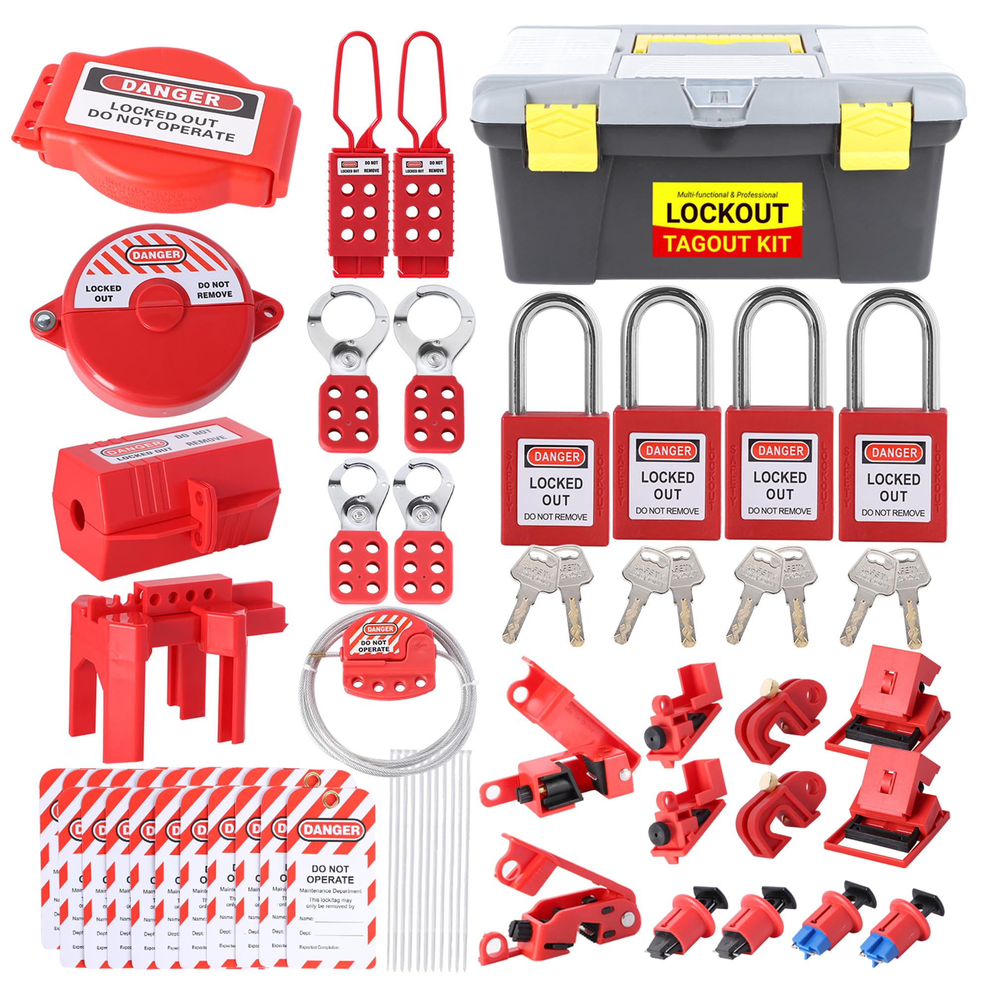 70+ Pcs Multi-Functional Lockout Tagout Kit with Safety Padlock, Lockout Hasp, Ball Valve, Electrical Plug, Gate Valve & Circuit Breaker - OSHA Compliant LOTO Safety Equipment for Industrial Maintenance, Electrical Work & Hazardous Energy Control
