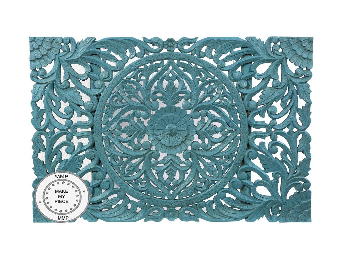 Hand Carved Indian Wooden Panel Bedhead in Blue - Exquisite Dynasty Design for Bedroom Decor | Perfect for Master Bedroom, Guest Room & Meditation Space