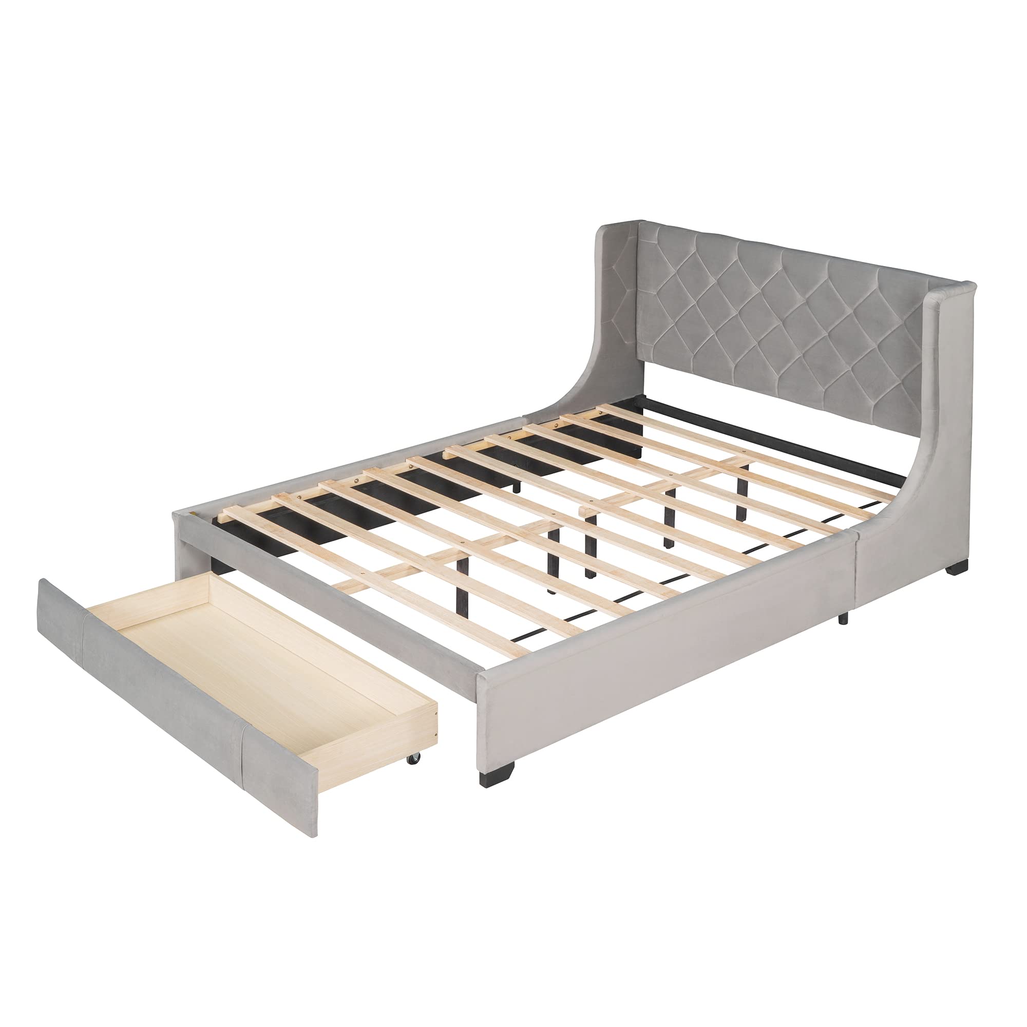 TRIPLE TREE Queen Size Storage Bed with 4 Drawers, Upholstered Wingback Platform Bed Frame with Wooden Slat Support - Modern Bedroom Furniture for Teens & Adults (Gray) | Perfect for Small Spaces & Guest Rooms
