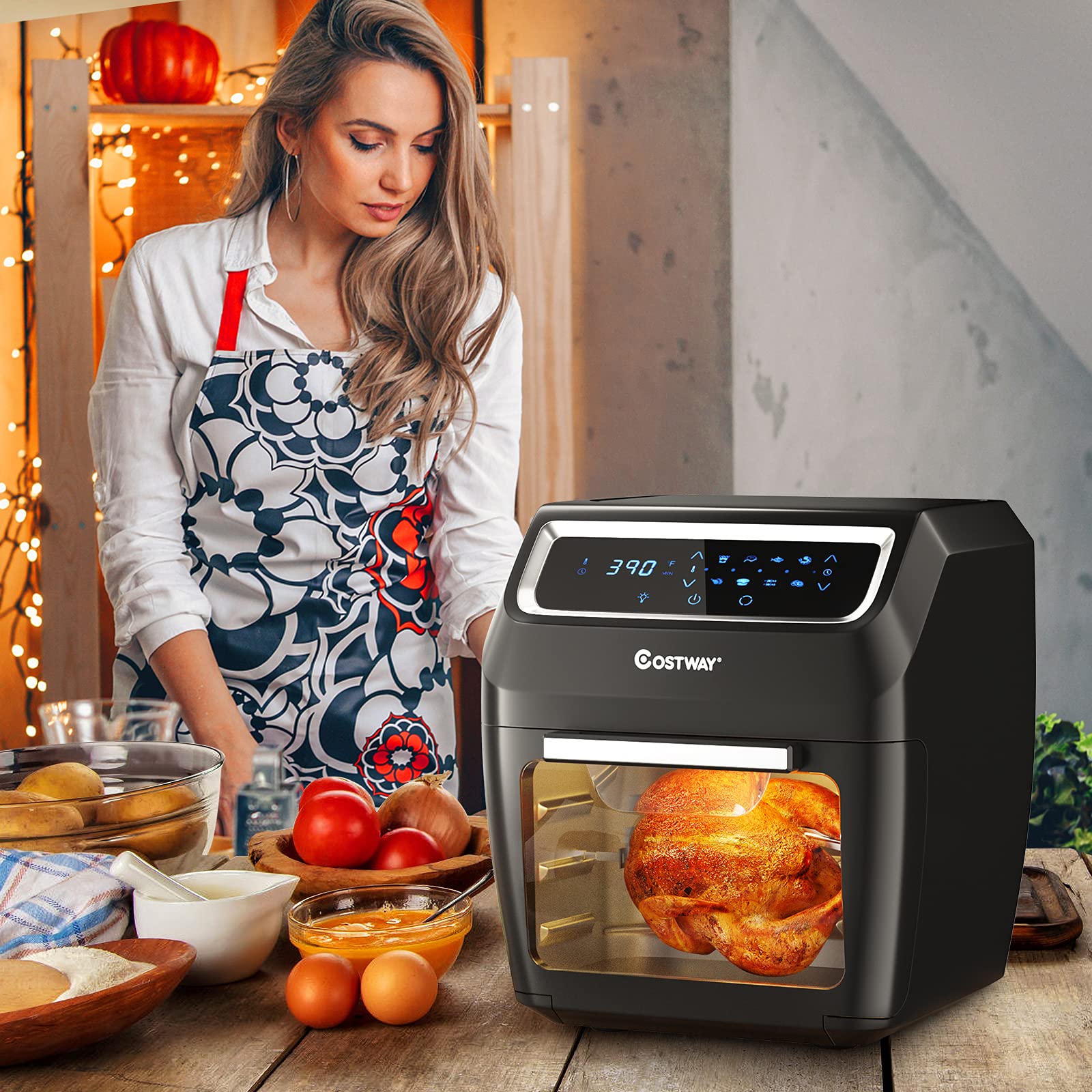COSTWAY 8-in-1 Air Fryer Oven with Rotisserie & Dehydrator, 1700W Countertop Convection Oven with LED Touch Screen - Perfect for Pizza, Toast, Turkey, Roasting, and Healthy Snacks