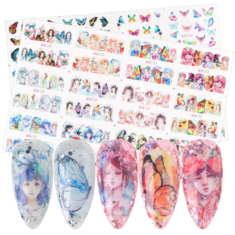 12 Sheets DIY Nail Art Water Transfer Decals - Japanese Style Butterfly & Floral Nail Tattoo Stickers for Women & Girls | Perfect for Home Manicures, Parties & Special Occasions