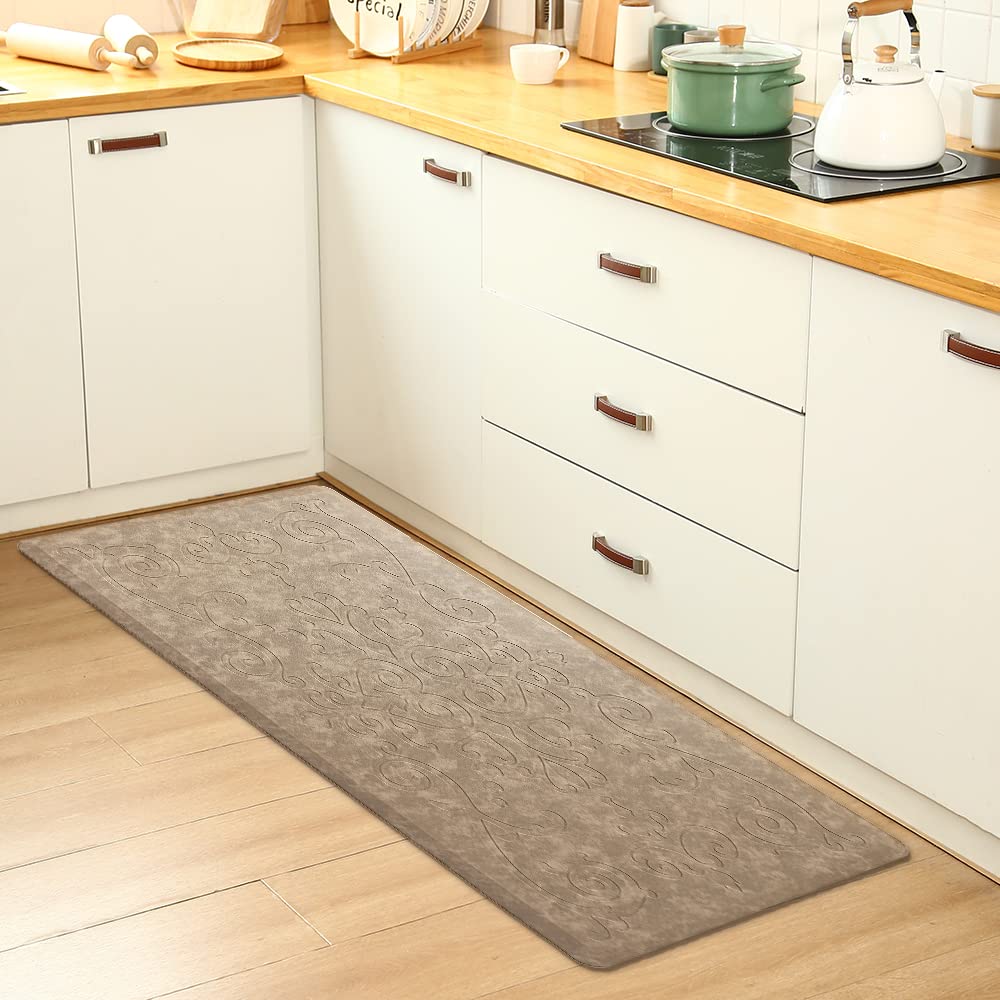 Premium Anti-Fatigue Kitchen Mat - J&V TEXTILES Medallion Embossed Cushioned Floor Mat, Non-Slip Waterproof Standing Mat for Kitchen, Sink, Laundry & Office (Beige, 17