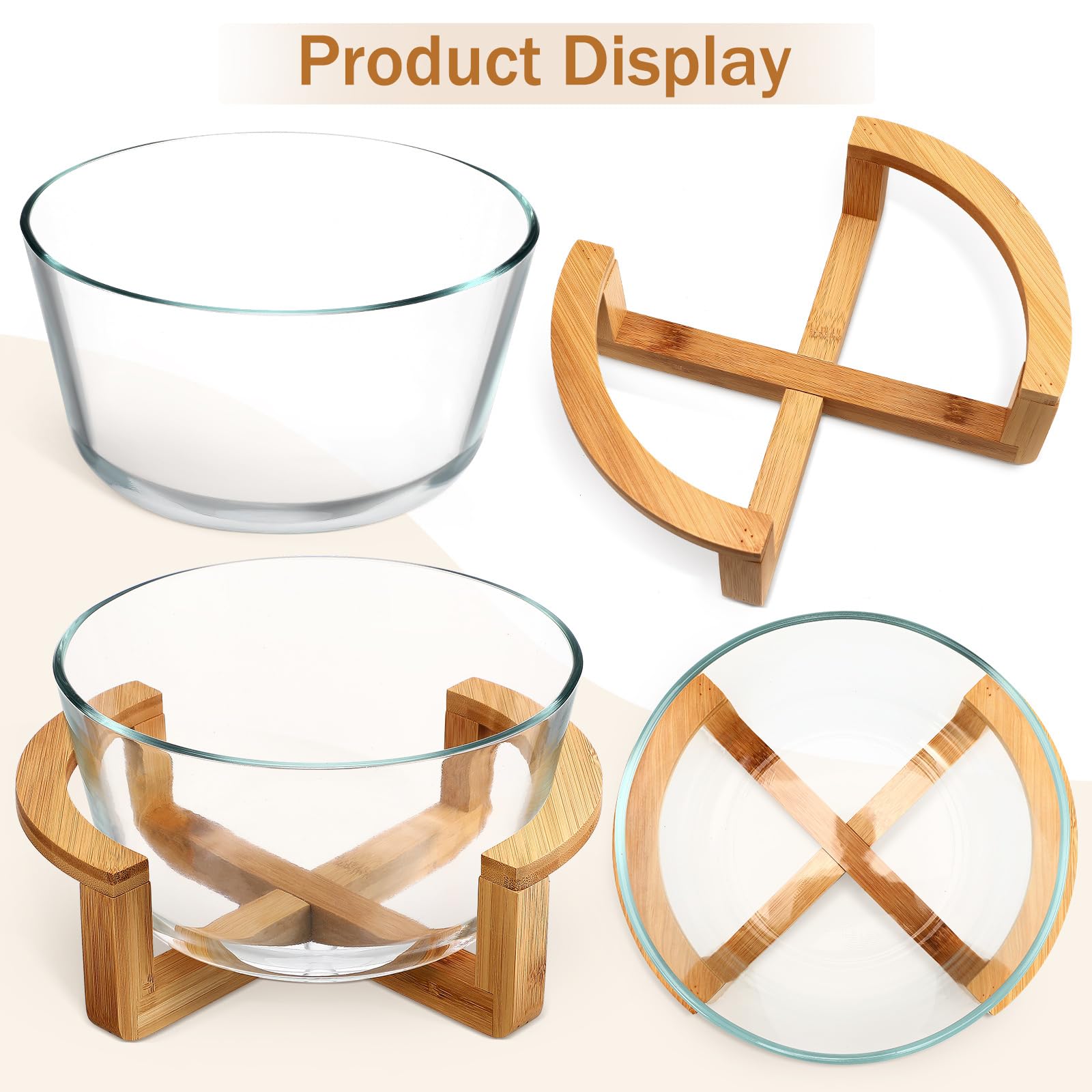 HEMOTON 2500ml Glass Salad Bowl with Wood Stand - Kitchen & Party Serving
