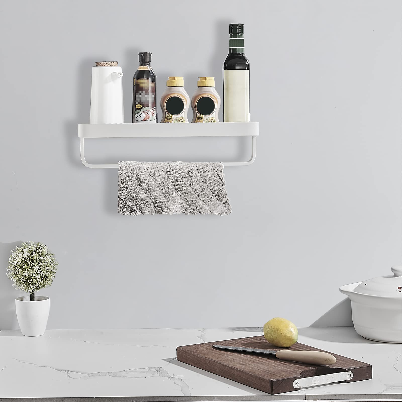15.7 Inch Wall Mounted Bathroom Glass Shelf with Towel Bar - Modern Shower Organizer & Kitchen Spice Rack - White Rectangular Over Toilet Storage for Bathroom, Kitchen & Vanity Decor