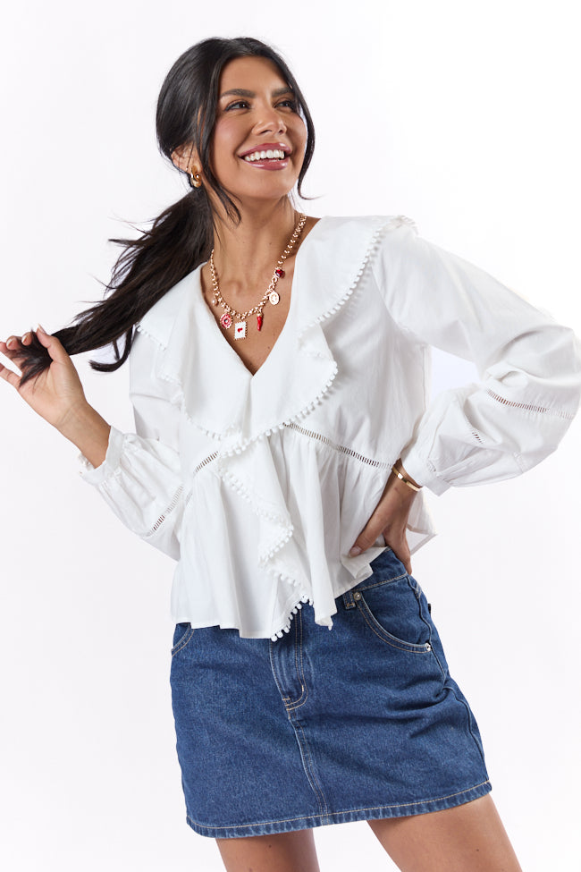 Burn The Breeze Ivory Ladder Detail Ruffle Front Blouse for Women | Elegant Casual & Office Wear | Perfect for Spring Summer Outfits, Dates & Work