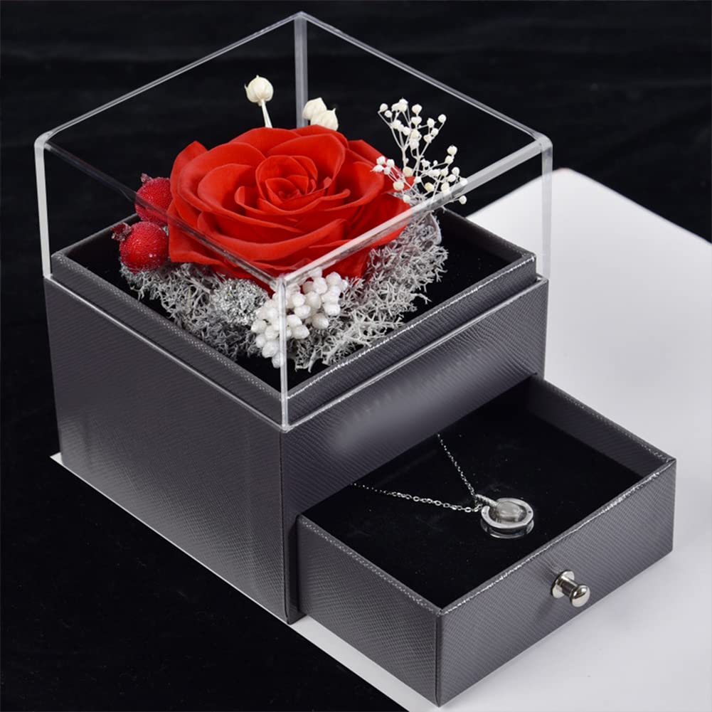 FFYUEEE Rose Acrylic Jewelry Box with Real Rose - Elegant Drawer Gift Box for Jewelry Storage | Perfect Valentine's Day, Christmas & Birthday Gift for Her | Great for Jewelry Organization, Display & Special Occasion Gifting