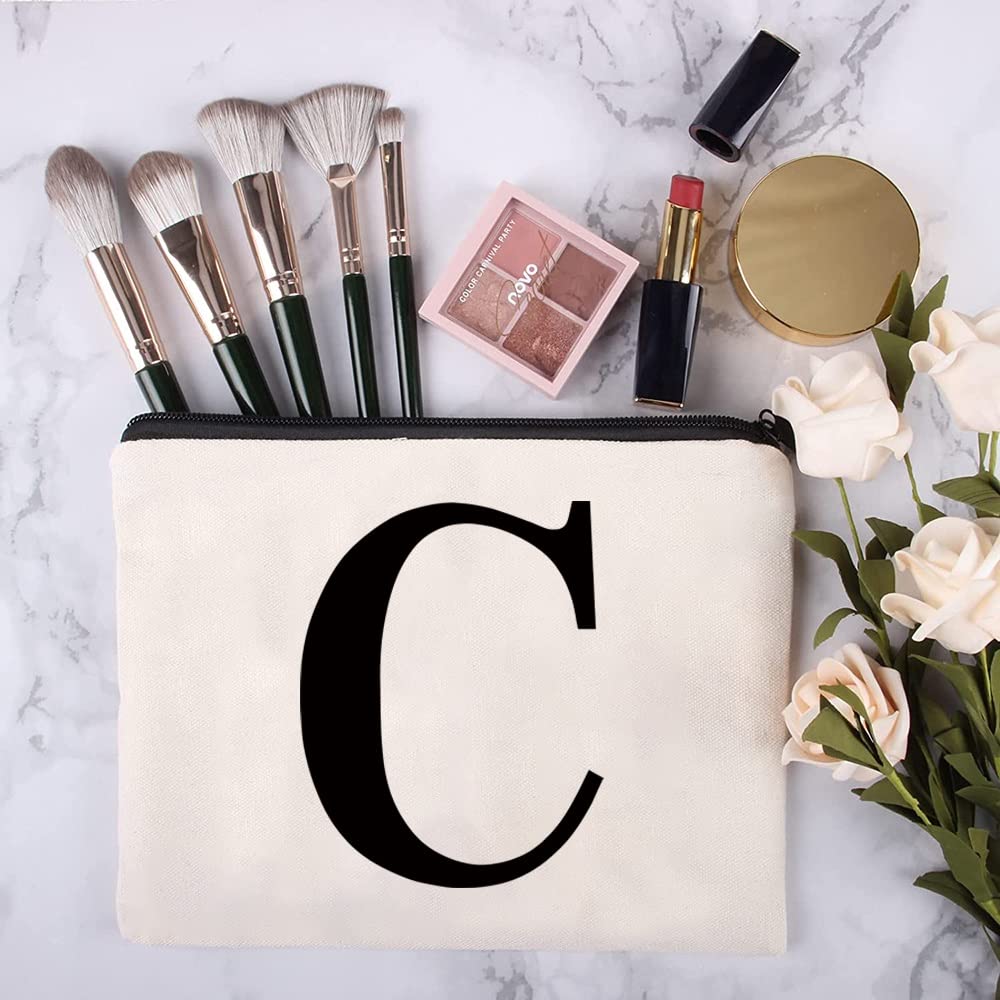 26 Letter Printed Zip Canvas Pouch - Waterproof Makeup Bag, Travel Cosmetic Organizer, Toiletry Bag for Women & Teens - Perfect for Bridesmaid Gifts, School Pencil Case, Travel Wash Bag & Coin Purse (Black)