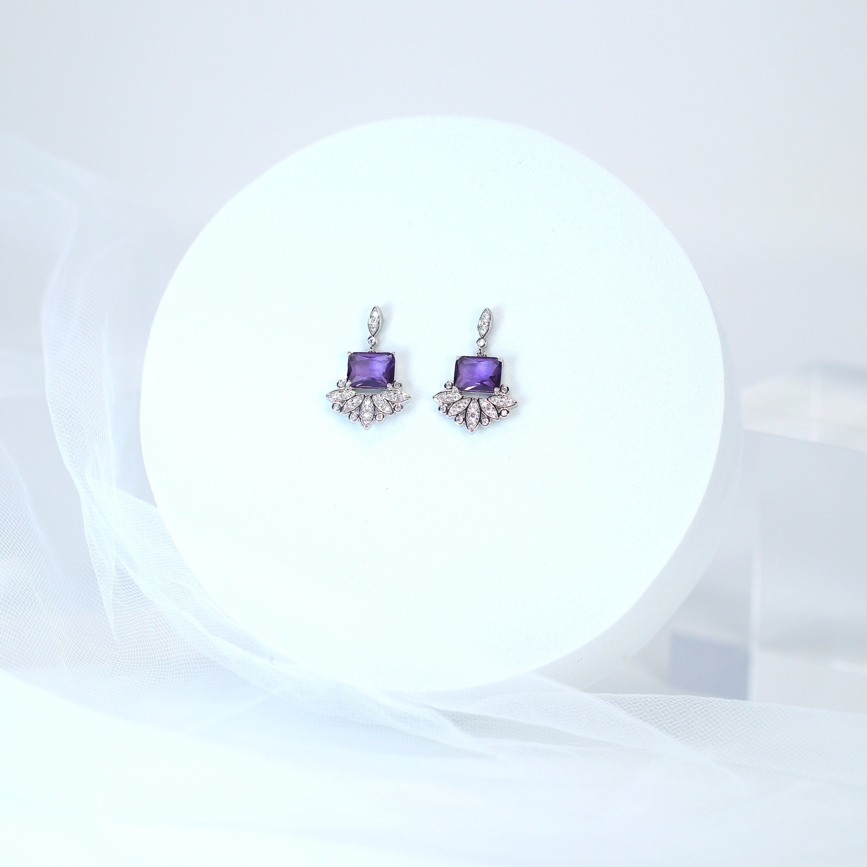 Swarovski Crystal Flower Drop Earrings with Purple Accent - Elegant Dainty Bridal Jewelry, Wedding Statement Earrings with CZ Stones | Perfect for Brides, Prom, Evening Parties & Special Occasions