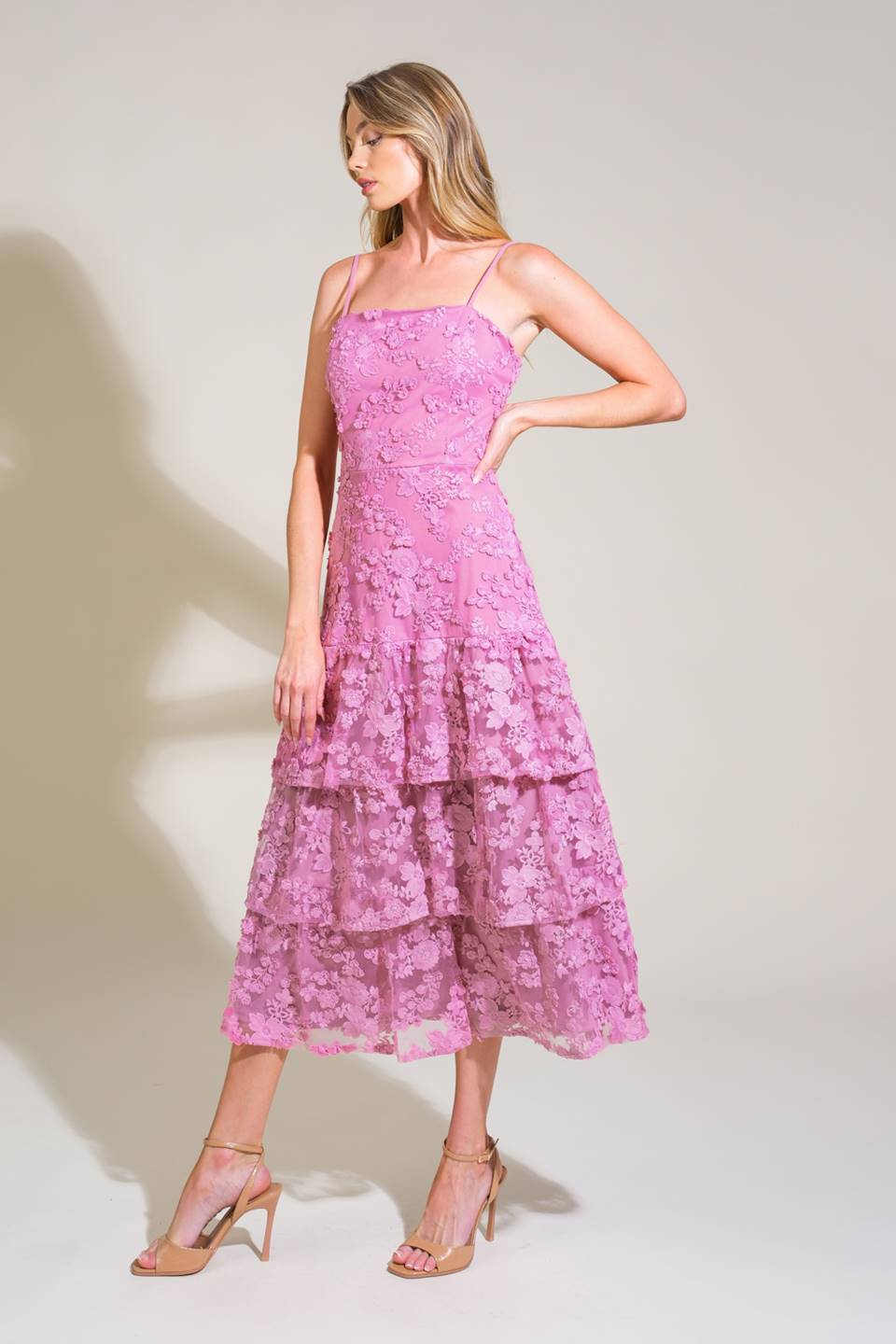 DAZZLING DAYBREAK Mauve Floral Lace Midi Dress for Women - Elegant Tea Party & Wedding Guest Outfit
