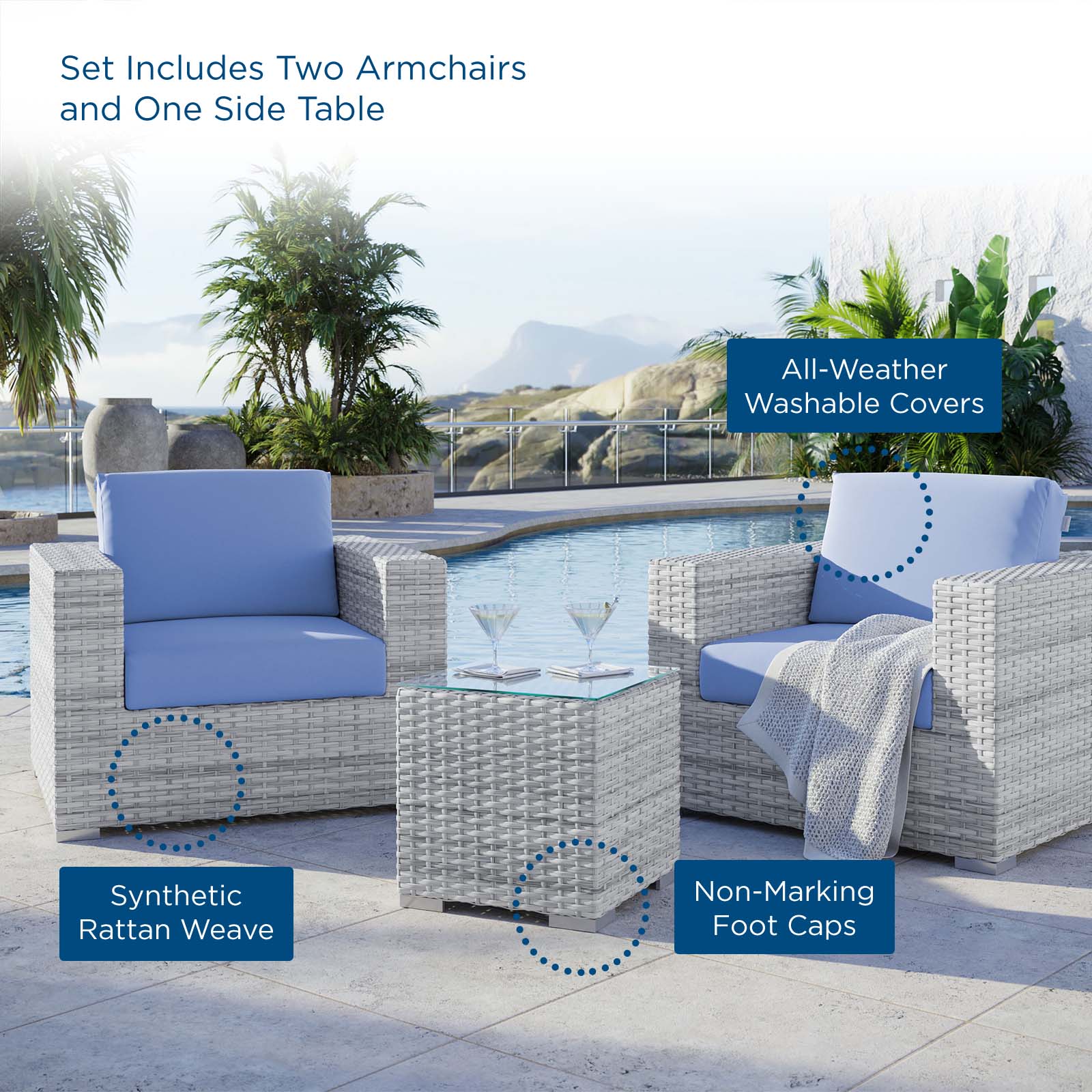 Convene 3-Piece Outdoor Patio Furniture Set - Durable Wicker Sofa & Coffee Table for Garden, Poolside, and Backyard Relaxation