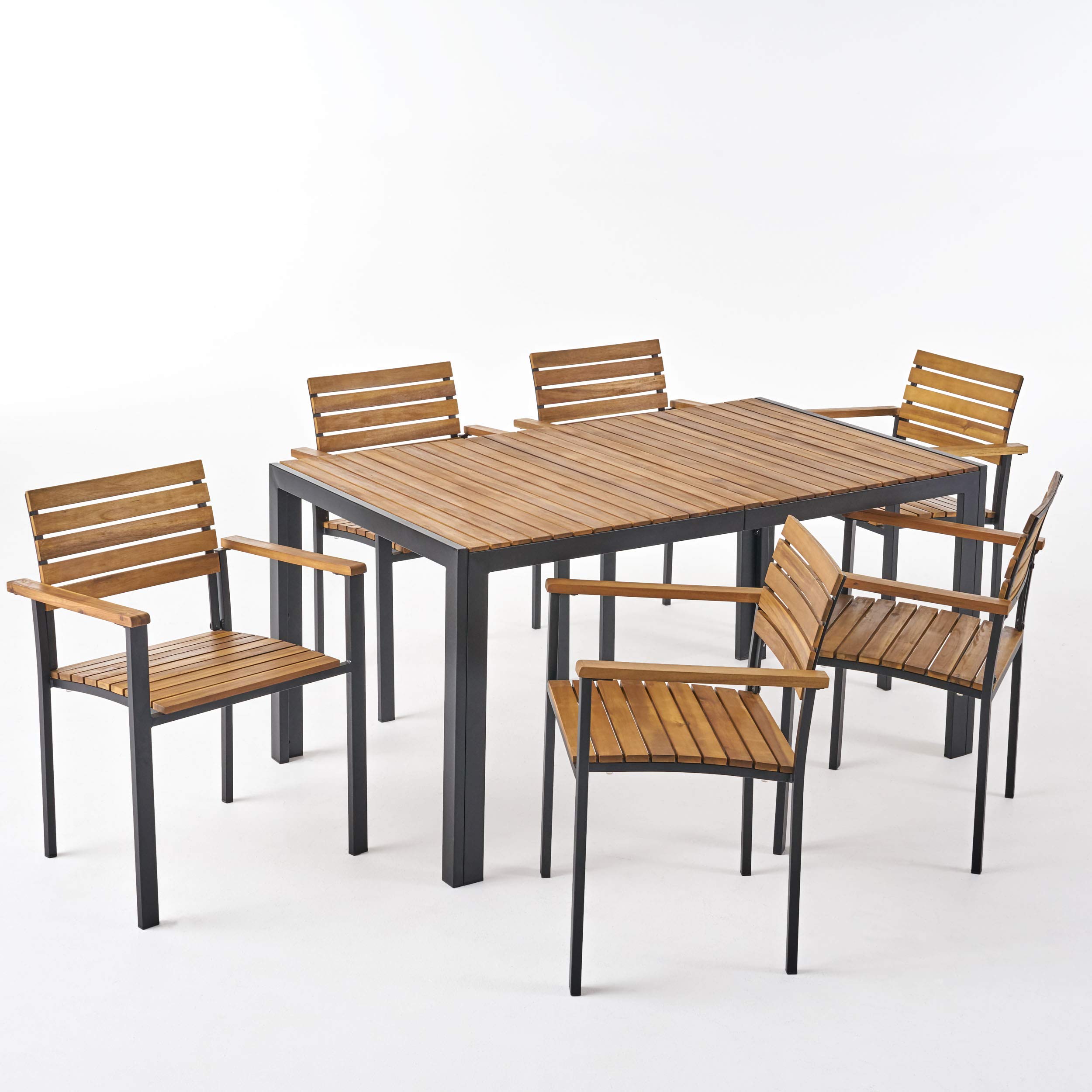 GDFStudio 6-Piece Outdoor Dining Set - Wood & Iron Patio Furniture in Black - Perfect for Backyard, Garden, and Poolside Entertaining