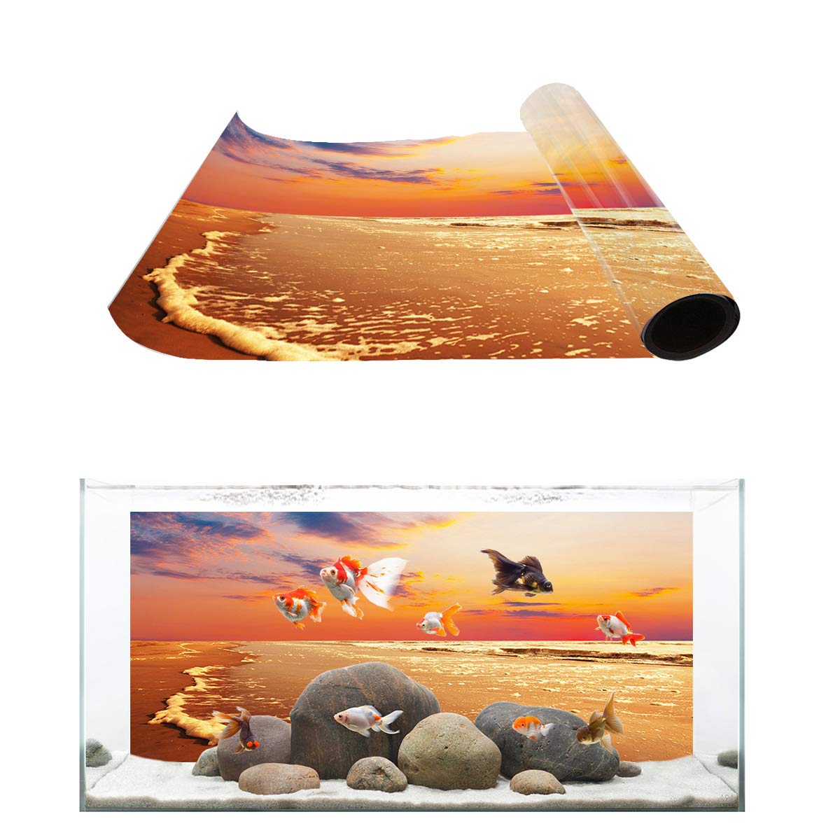 T&H XHome Aquarium Decor Background - Gold Beach Sunset Pattern Fish Tank Sticker Wallpaper | PVC Adhesive Poster 36.4