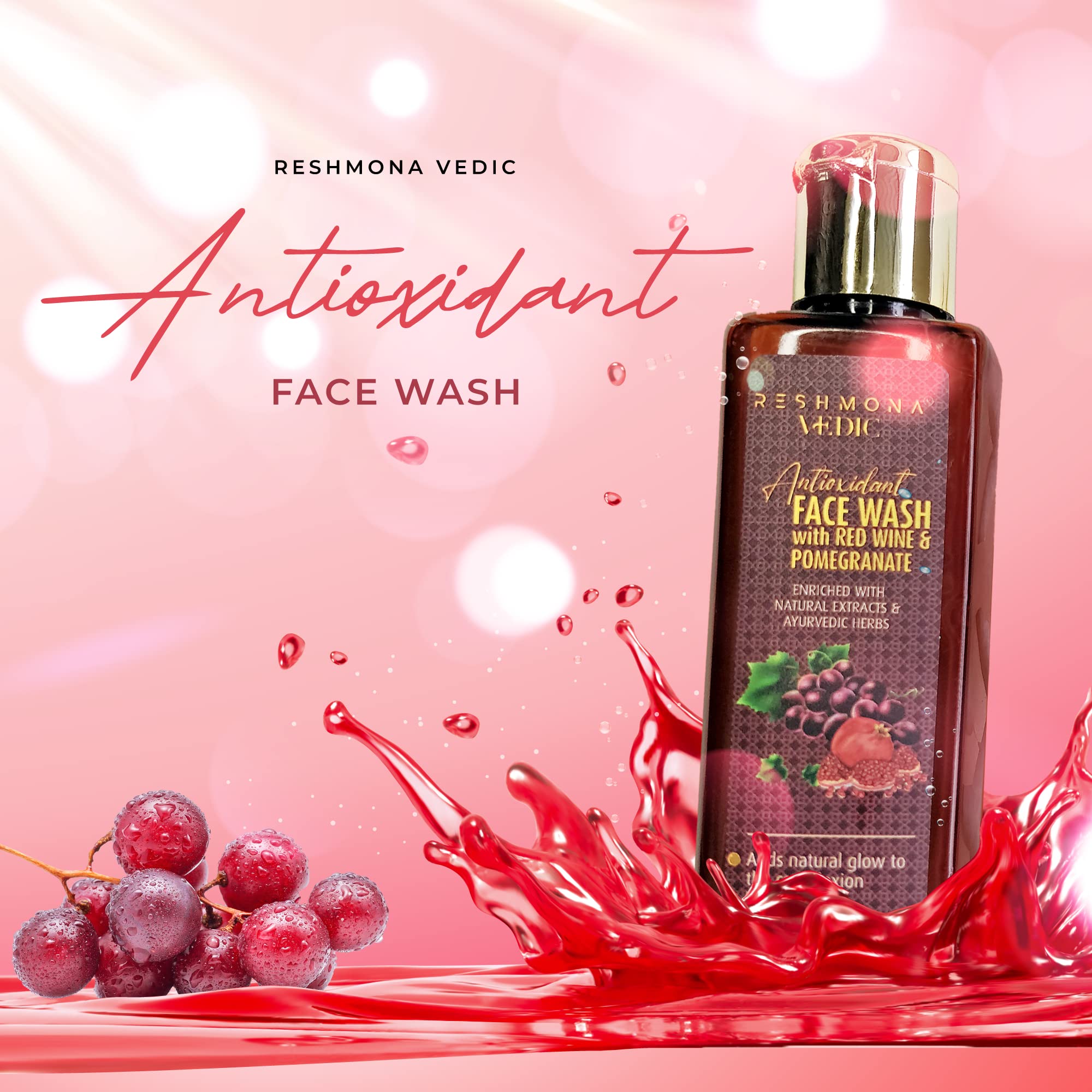 RESHMONA VEDIC Antioxidant Face Wash with Red Wine Extract & Herbal Blend | Anti-Aging Formula to Reduce Wrinkles & Nourish Skin | Rich in Antioxidants for Daily Skincare Routine