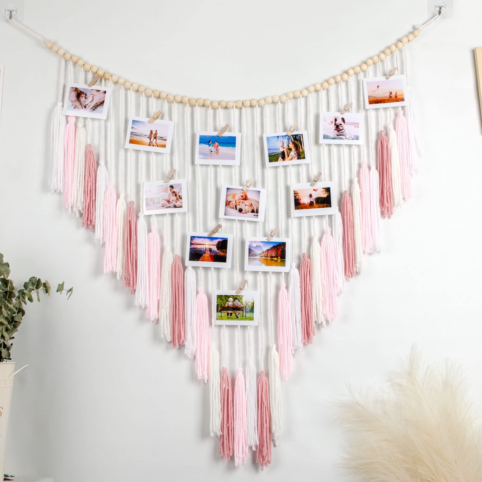 Macrame Wall Hanging with Wood Beads - Boho Home Decor for Bedroom & Living Room | Photo Display & Gift Idea