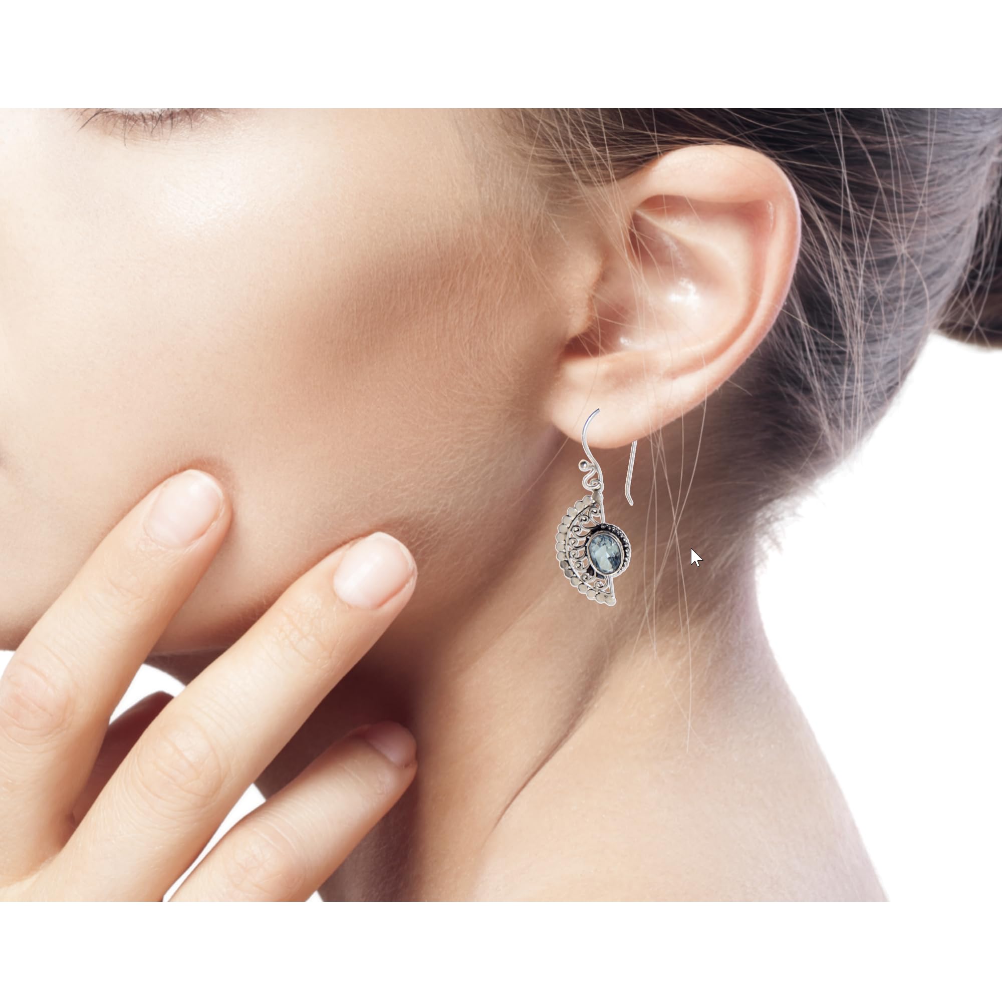 Handmade Blue Topaz Dangle Earrings - Sterling Silver Hook with Gemstone Filigree, Indonesian Artisan Jewelry, December Birthstone Gift (1.5