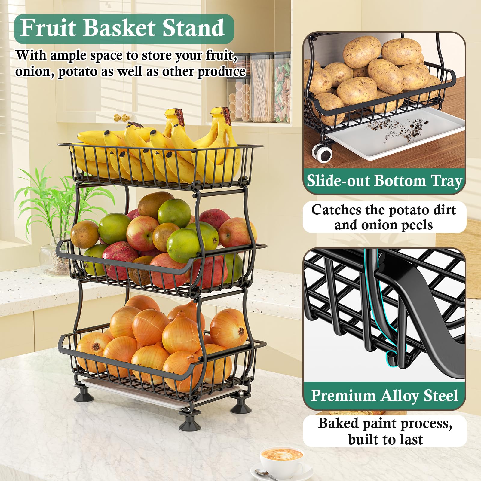 3-Tier Rolling Pantry Cart with Wheels - Stackable Wire Storage Organizer for Kitchen, Pantry Shelves, Fruits, Snacks, Onions & Potatoes - Perfect for Small Spaces, Home Organization & Easy Access to Essentials