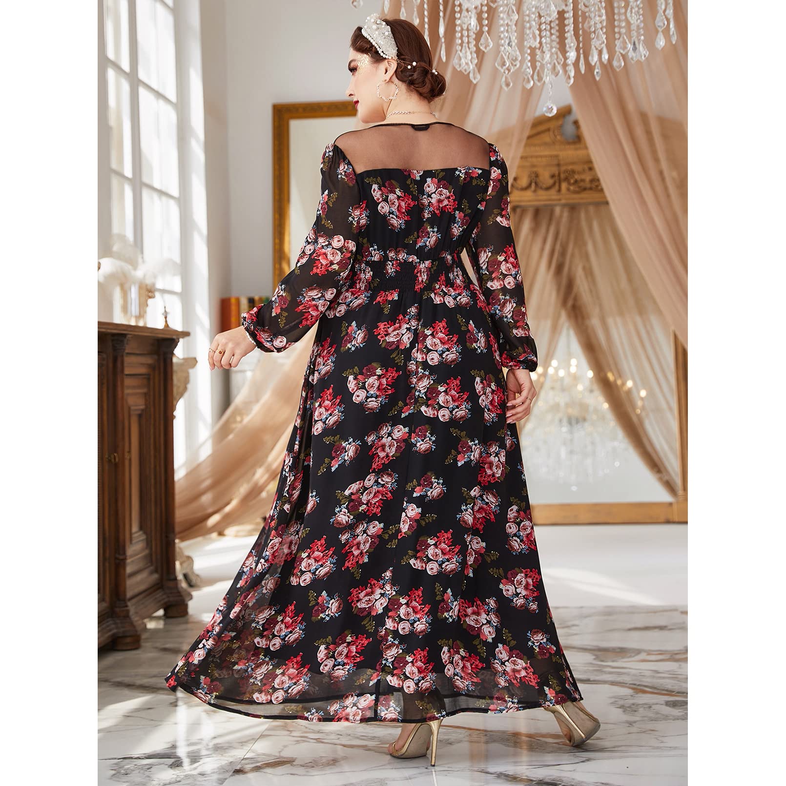 Plus Size Floral Printed Elegant Deep V Neck Lace Maxi Dress for Women | Sexy & Stylish Long Dress for Evening Parties, Weddings & Special Occasions