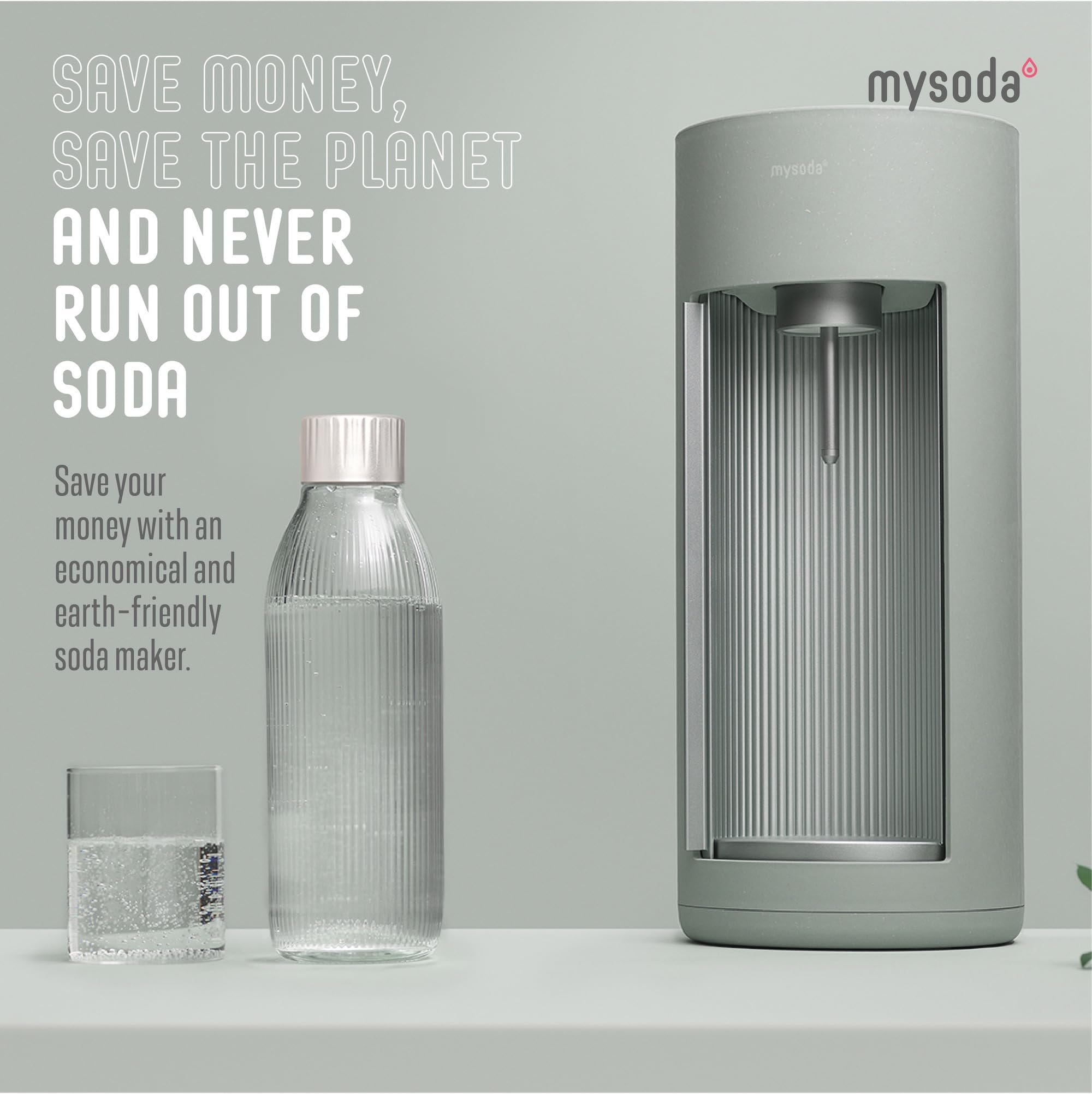 Mysoda Glassy Design Sparkling Water Maker - 1L Glass & Plastic Bottle, Silent Nordic Soda Machine with Sliding Door - Green (No Cylinder Included) | Perfect for Home, Office, Parties & Healthy Hydration