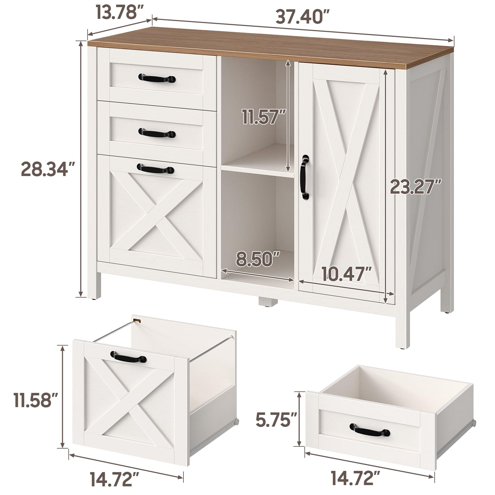 3-Drawer Lateral File Cabinet with Door & Adjustable Shelf - Farmhouse Style Home Office Storage for Letter/A4 Hanging Files - White Printer Stand & Storage Cabinet for Home, Office, or Study Room Organization