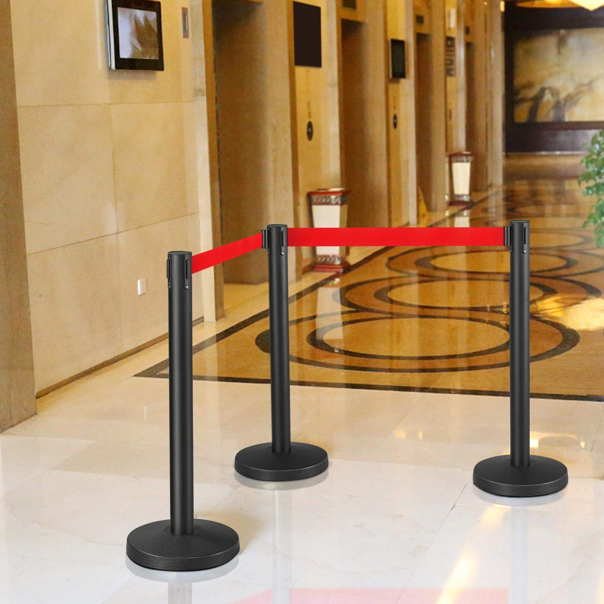 Yaheetech 6-Pack Black Varnished Crowd Control Stanchions - 36-Inch Height with 6.5ft Retractable Red Belt for Events, Queues & Retail (Easy Connect Assembly) - Perfect for Weddings, Concerts, Museums and Store Displays