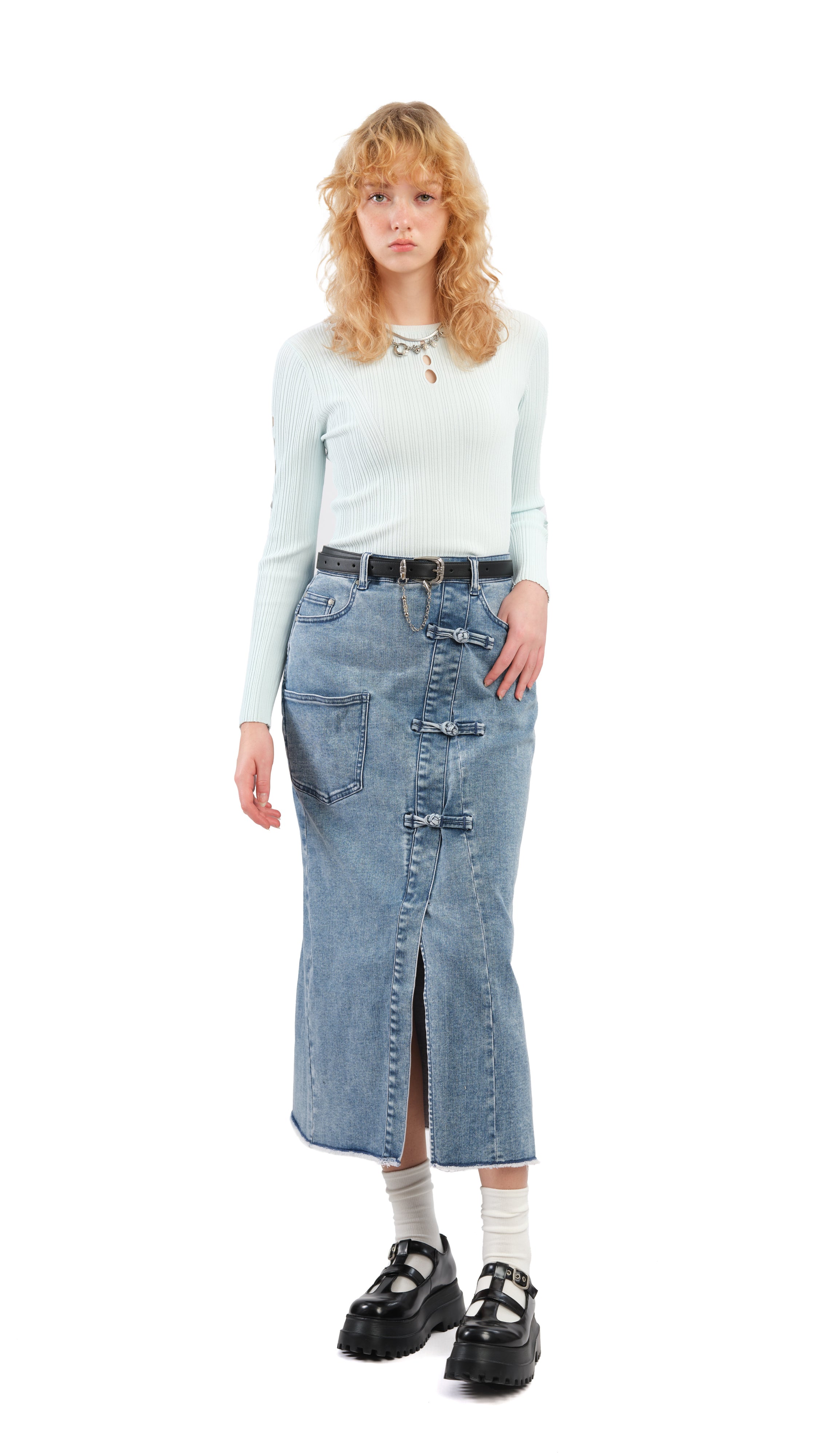 Vintage Rebuilt Denim Pencil Skirt for Women - High Waist Distressed Denim Skirt with Side Slits - Perfect for Casual Outfits, Office Wear & Date Nights