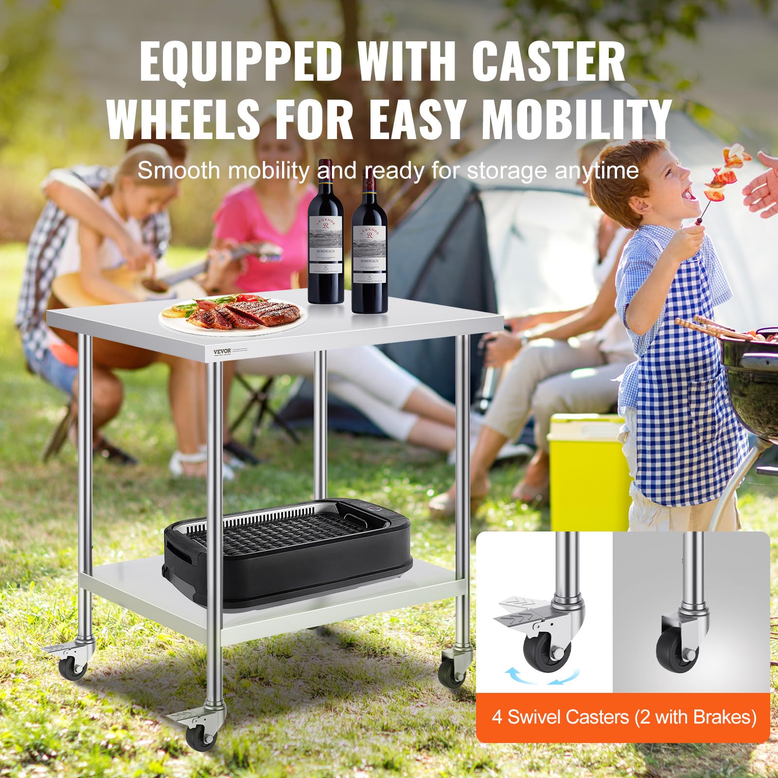 VEVOR 30 x 36 x 38 Inch Stainless Steel Work Table with 4 Wheels & 3 Adjustable Height Levels - Heavy Duty Commercial Kitchen Worktable for Restaurant, Bakery, Food Prep - Silver (Ideal for Food Processing, Catering & Butcher Shops)