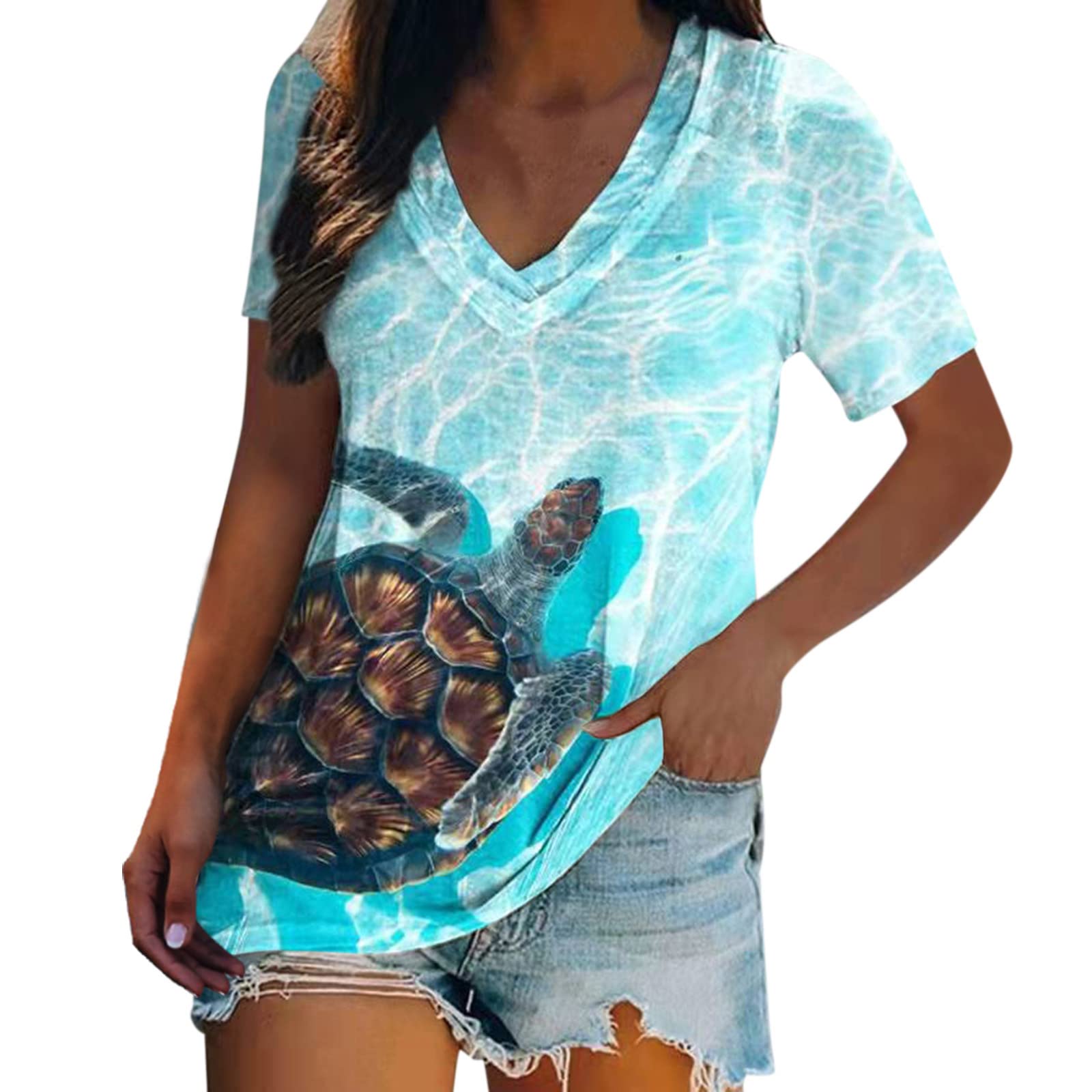 Stylish MOKINGTOP Women's Graphic Print V-Neck Short Sleeve T-Shirts - Casual Fitted Summer Blouses for Everyday Wear, Outings & Beach Vacations