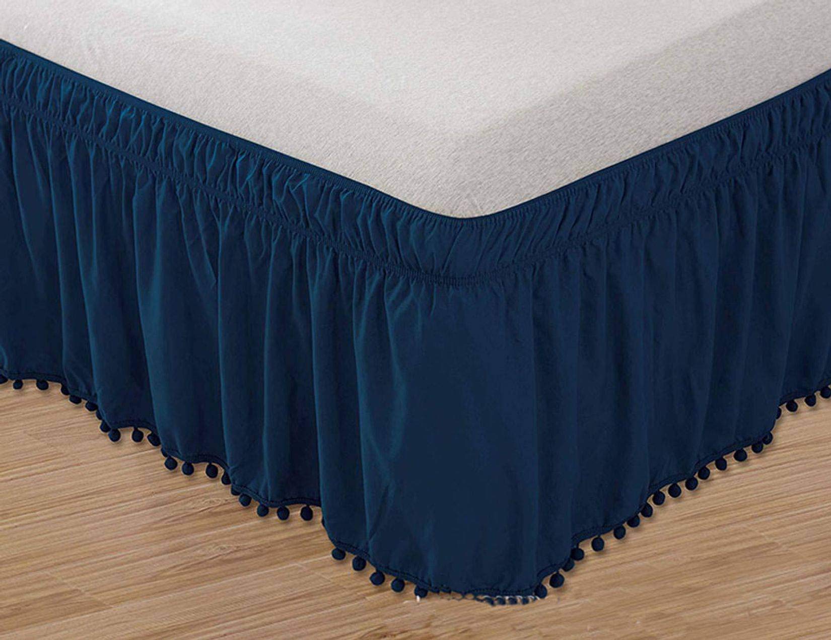 Elastic Tassel Pompom Bed Skirt - Breathable, Wrinkle & Fade Resistant, Easy On/Off - White - Full Size (200x220+40cm) | Perfect for Guest Rooms, Master Bedrooms & Airbnb Styling