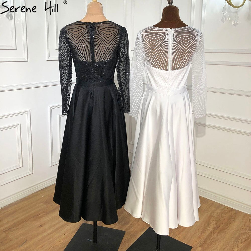Serene Hill White A-Line Satin Cocktail Dress 2025 | Long Sleeve Sparkly Tea-Length Party Gown LA70922 | Perfect for Evening Events, Weddings & Holiday Parties