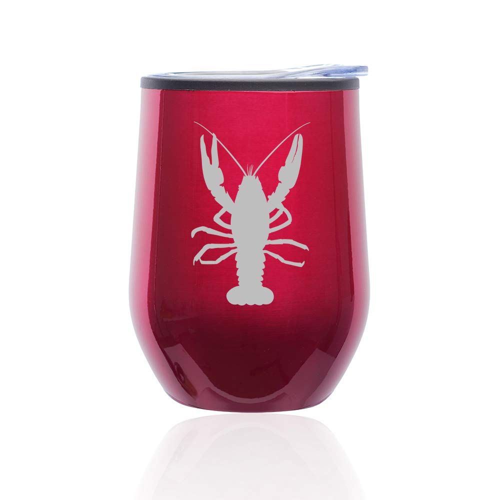 Stemless Wine Tumbler with Lid - Insulated Coffee Travel Mug Glass - Lobster Design in Fuchsia - Perfect for Picnics, Office Use & Outdoor Adventures